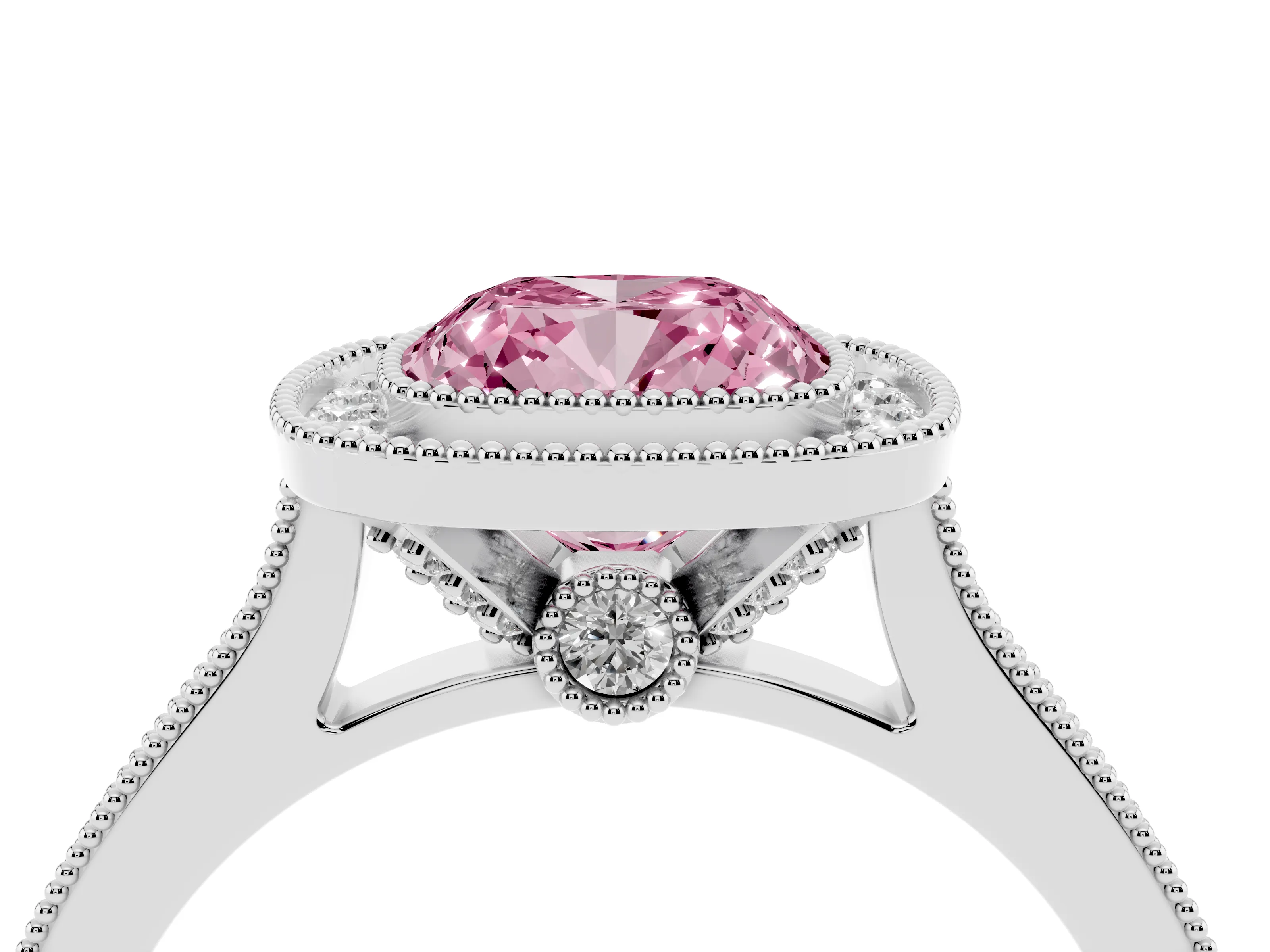 Fancy Pink Cushion Cut Diamond Halo Milgrain Pavé Band Ring Set in Silver with Prong Setting