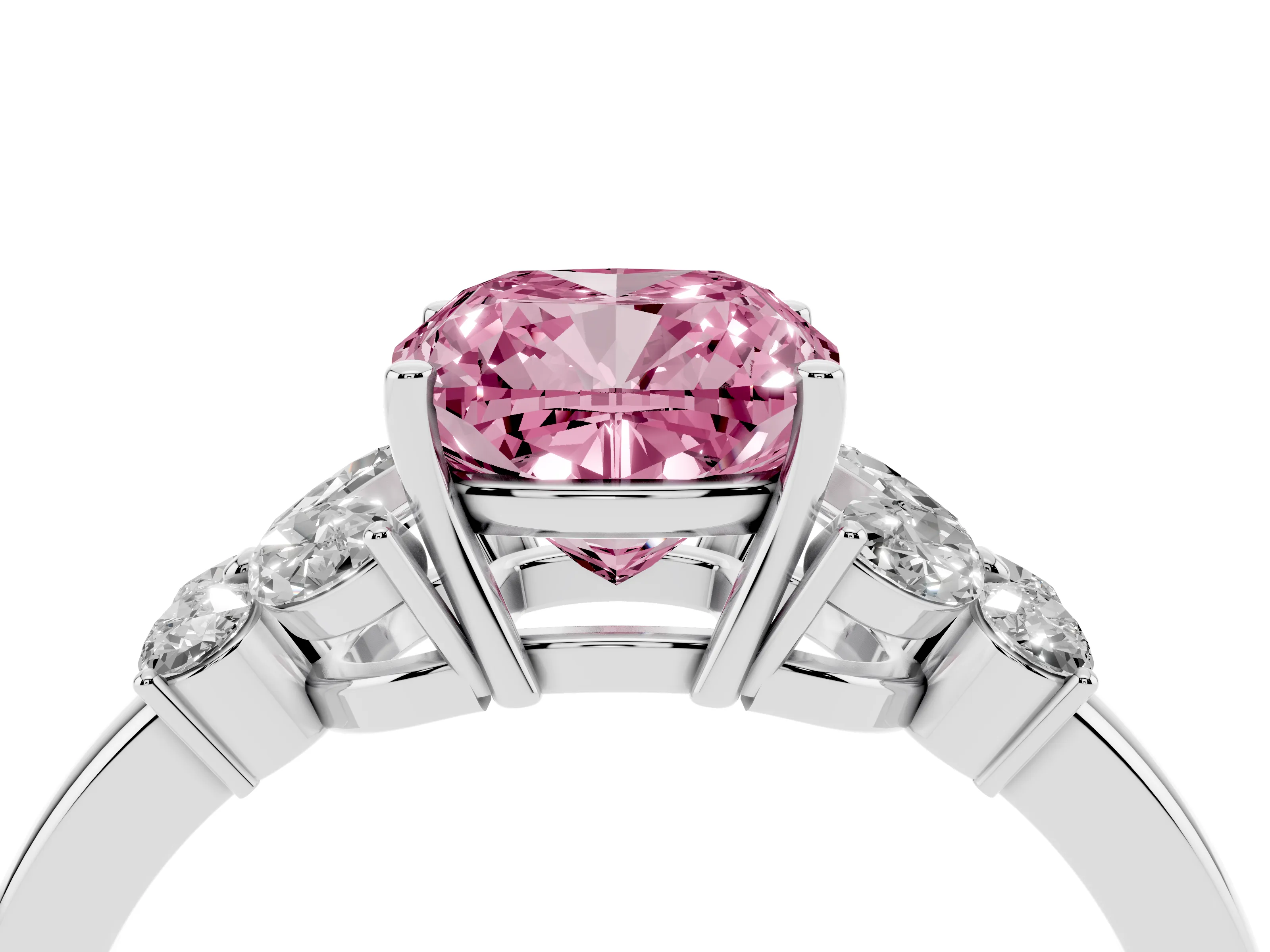 Fancy Pink Cushion Cut Diamond Solitaire Floral Ring Set in White gold with Marquise Petals and Prong Setting