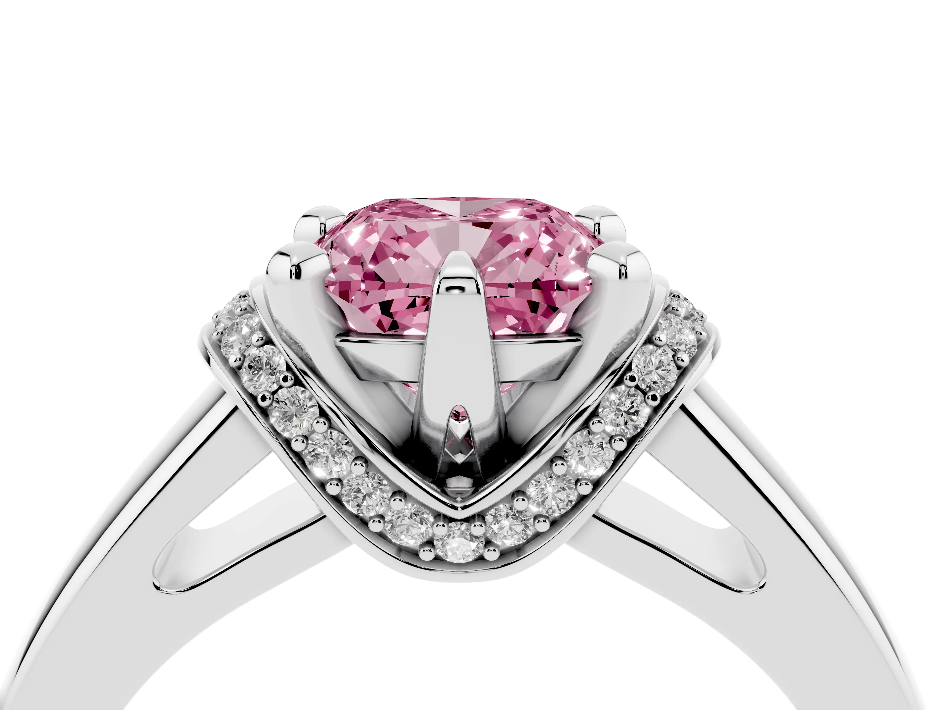 Fancy Pink Cushion Cut Diamond Pavé Band Solitaire Ring Set in Silver with Prong Setting