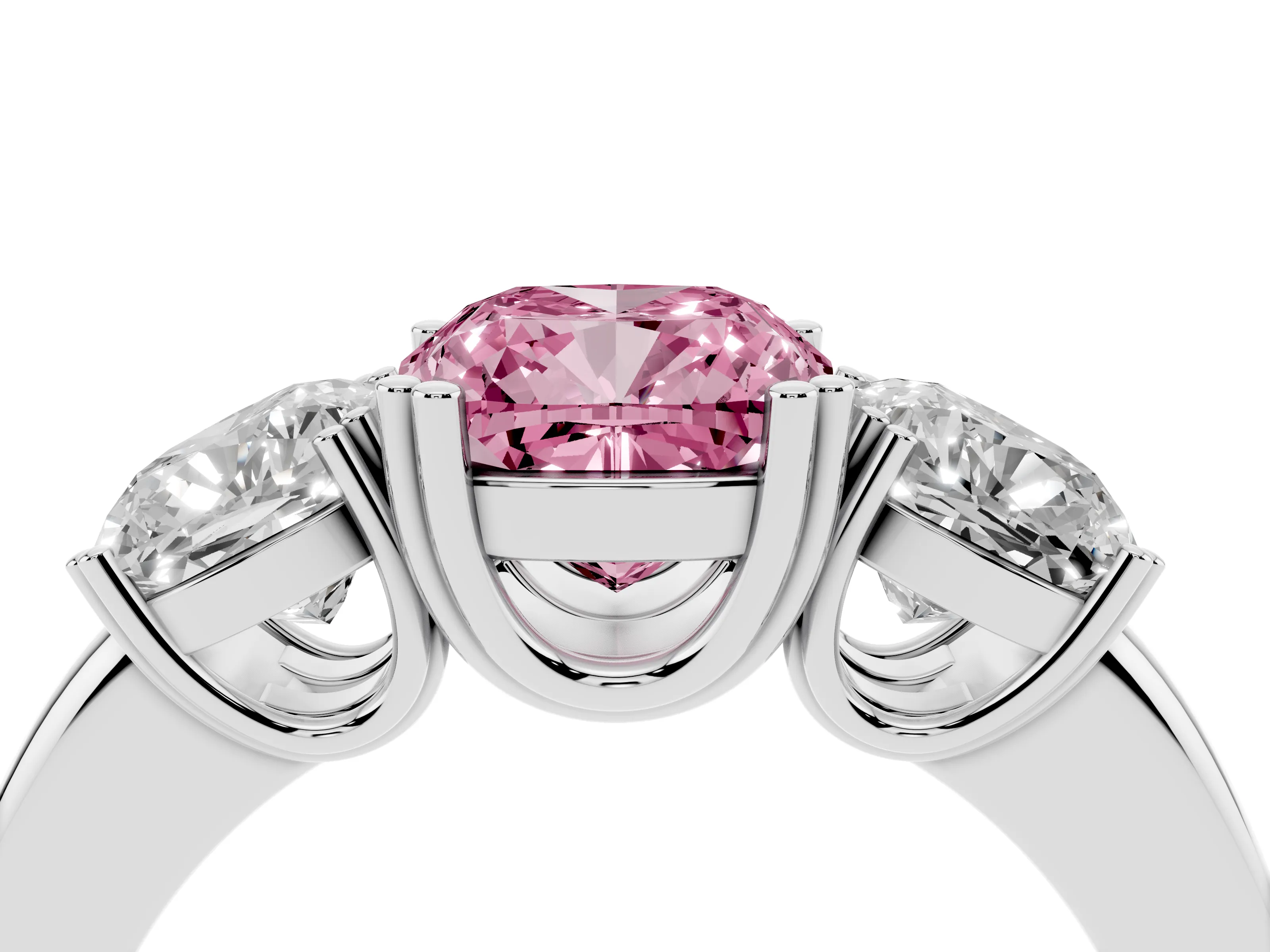 Fancy Pink Cushion Cut Diamond Three-Stone Ring Set in White gold with Polished Band and Prong Setting