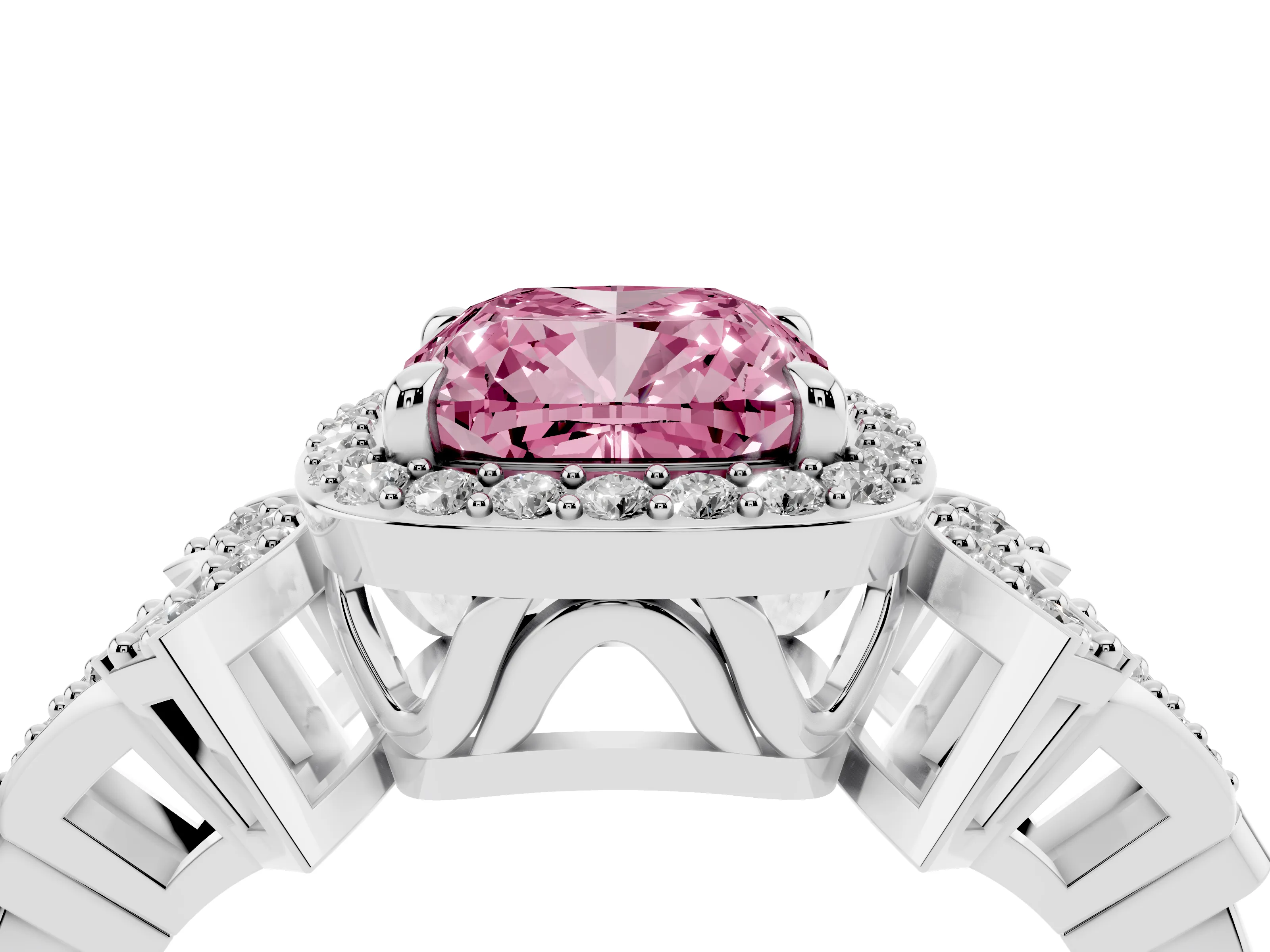 Fancy Pink Cushion Cut Diamond Halo Engagement Ring Set in Platinum with Accent Stone Split Shank