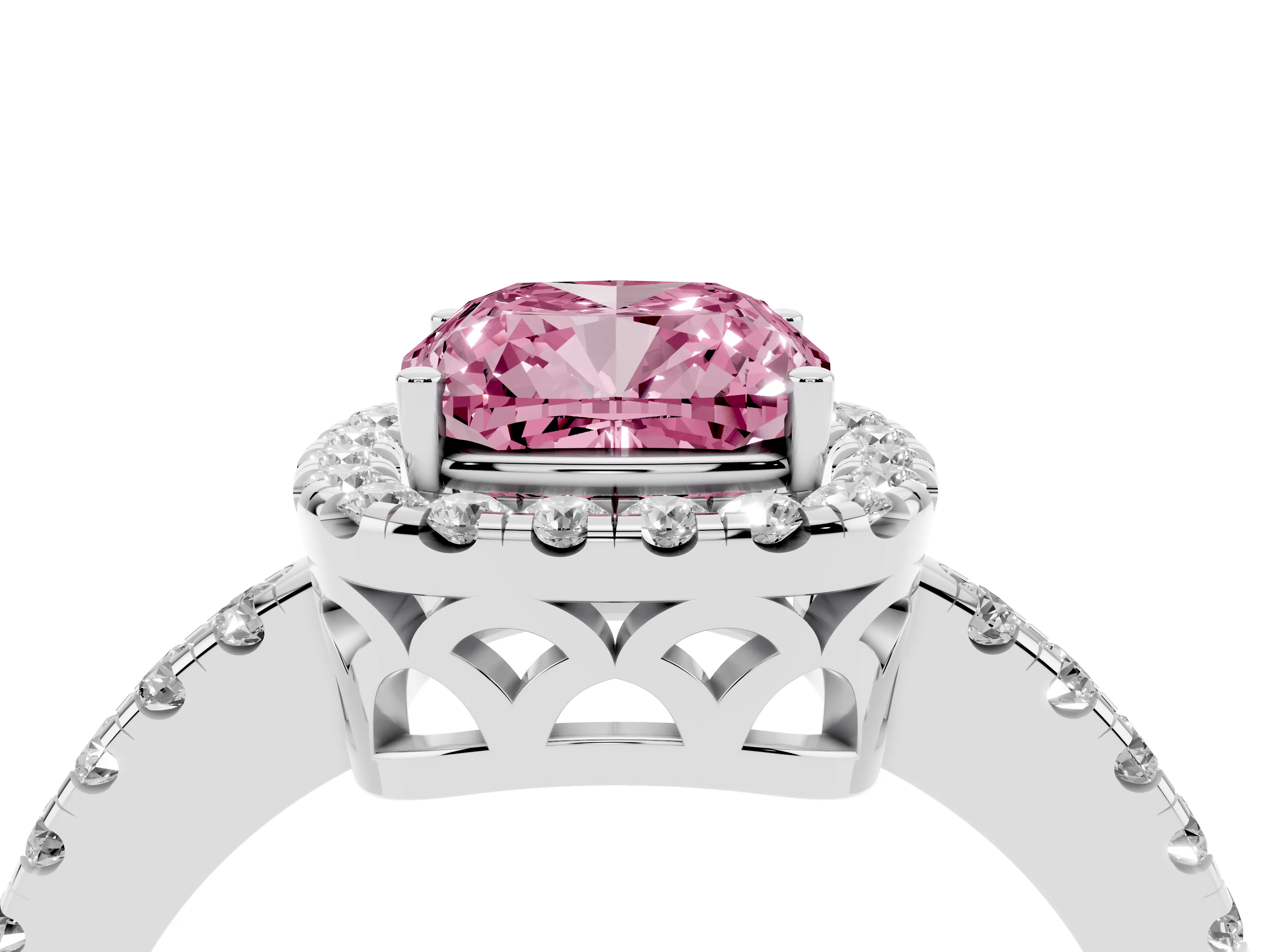 Fancy Pink Cushion Cut Diamond Pavé Band Halo Engagement Ring Set in Platinum with Prong Setting