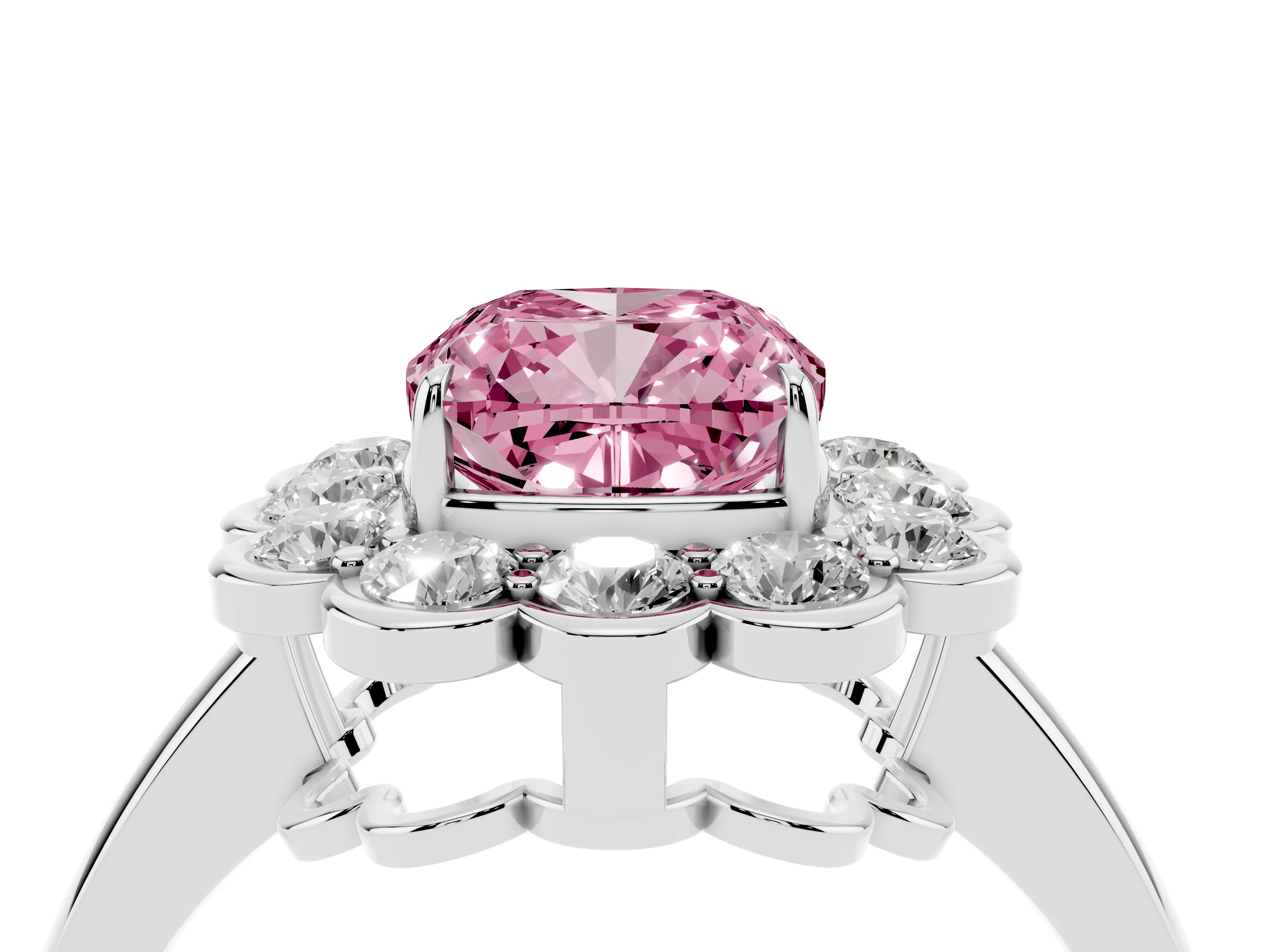 Fancy Pink Cushion Cut Diamond Halo Cluster Engagement Ring Set in Platinum with Solitaire Band and Prong Setting