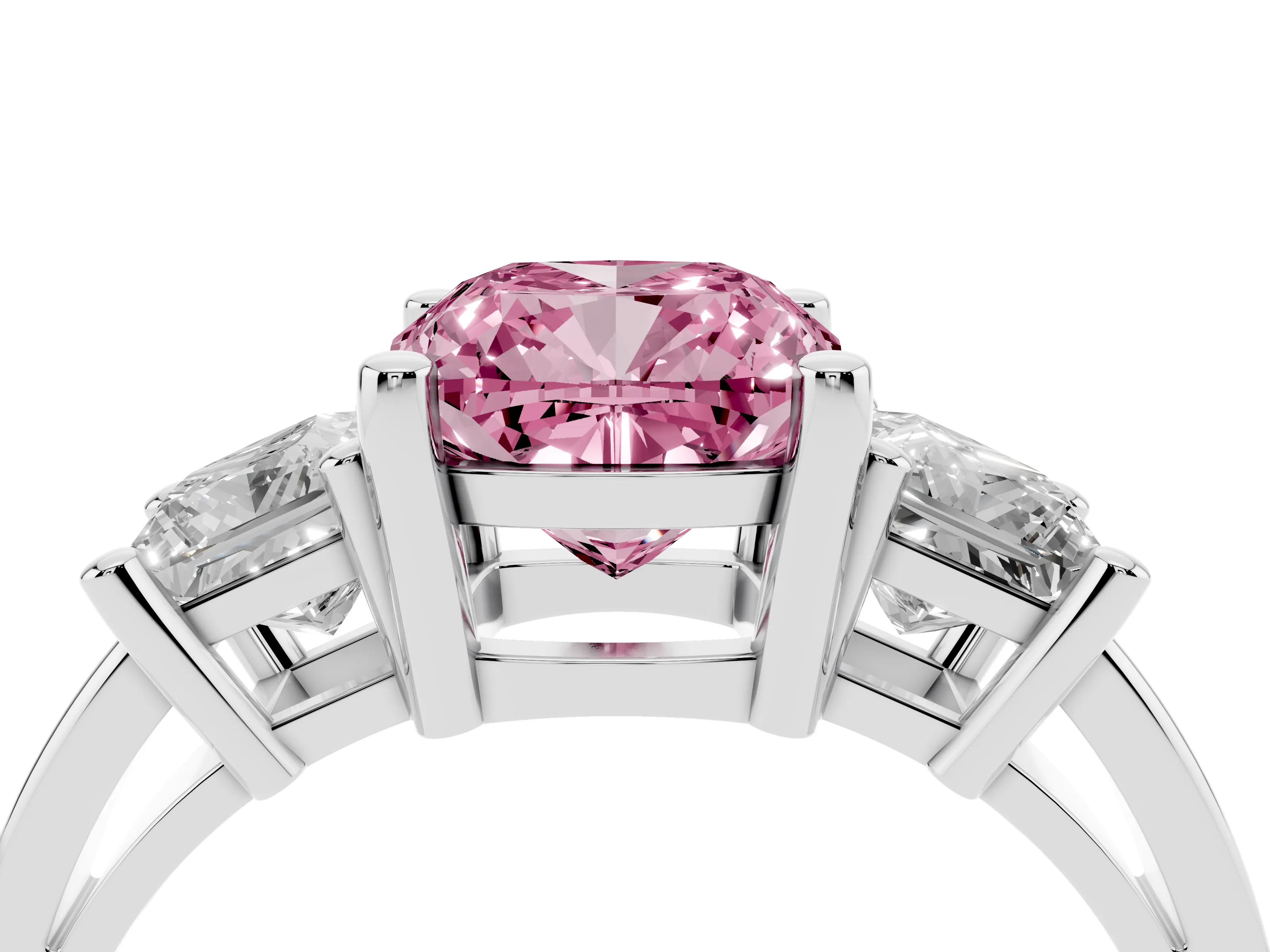 Fancy Pink Three-Stone Cushion Cut Diamond Solitaire Ring Set in Silver with Prong Setting