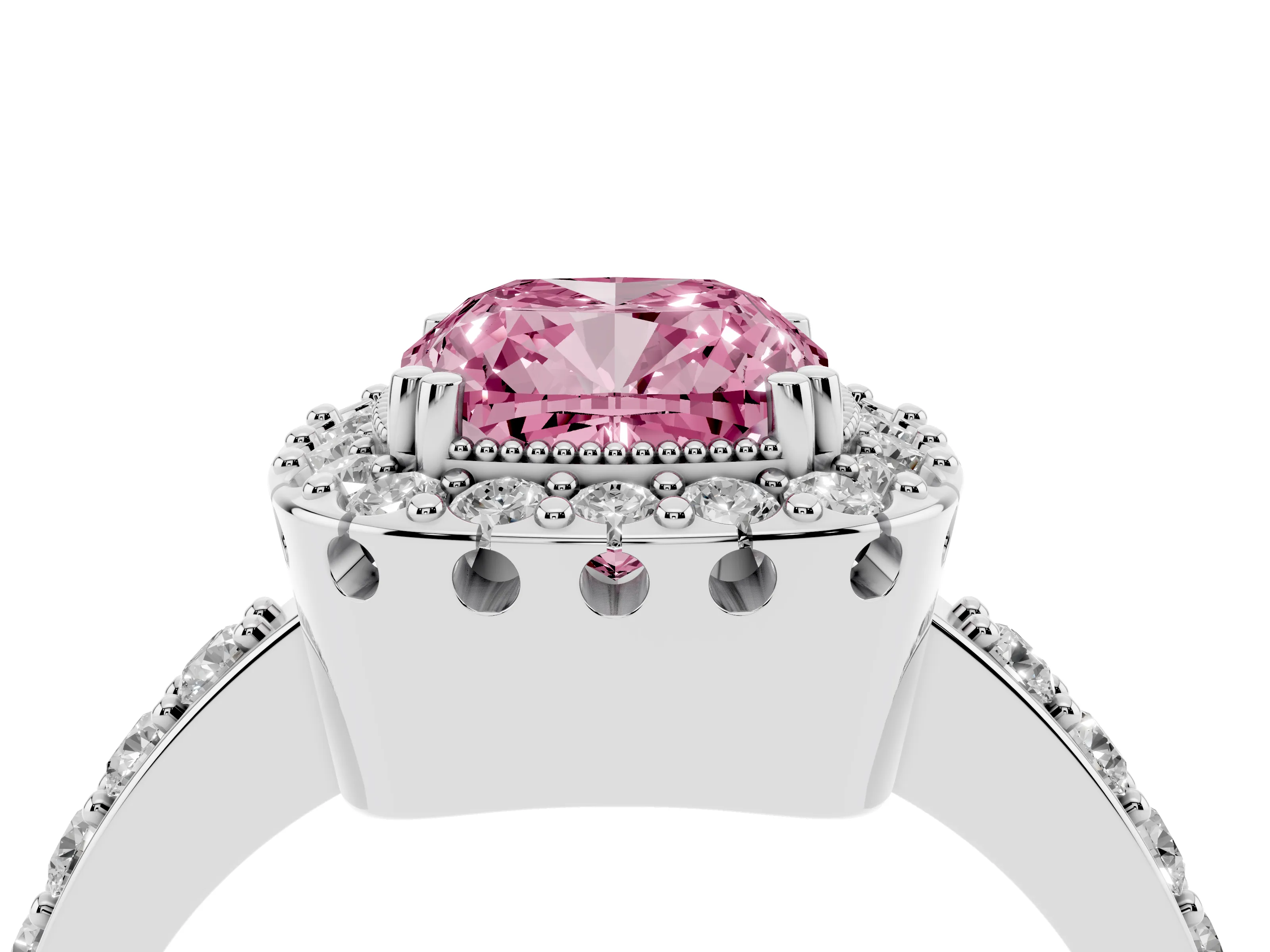 Fancy Pink Cushion Cut Diamond Halo Ring Set in White gold with Pavé Shank and Prong Setting