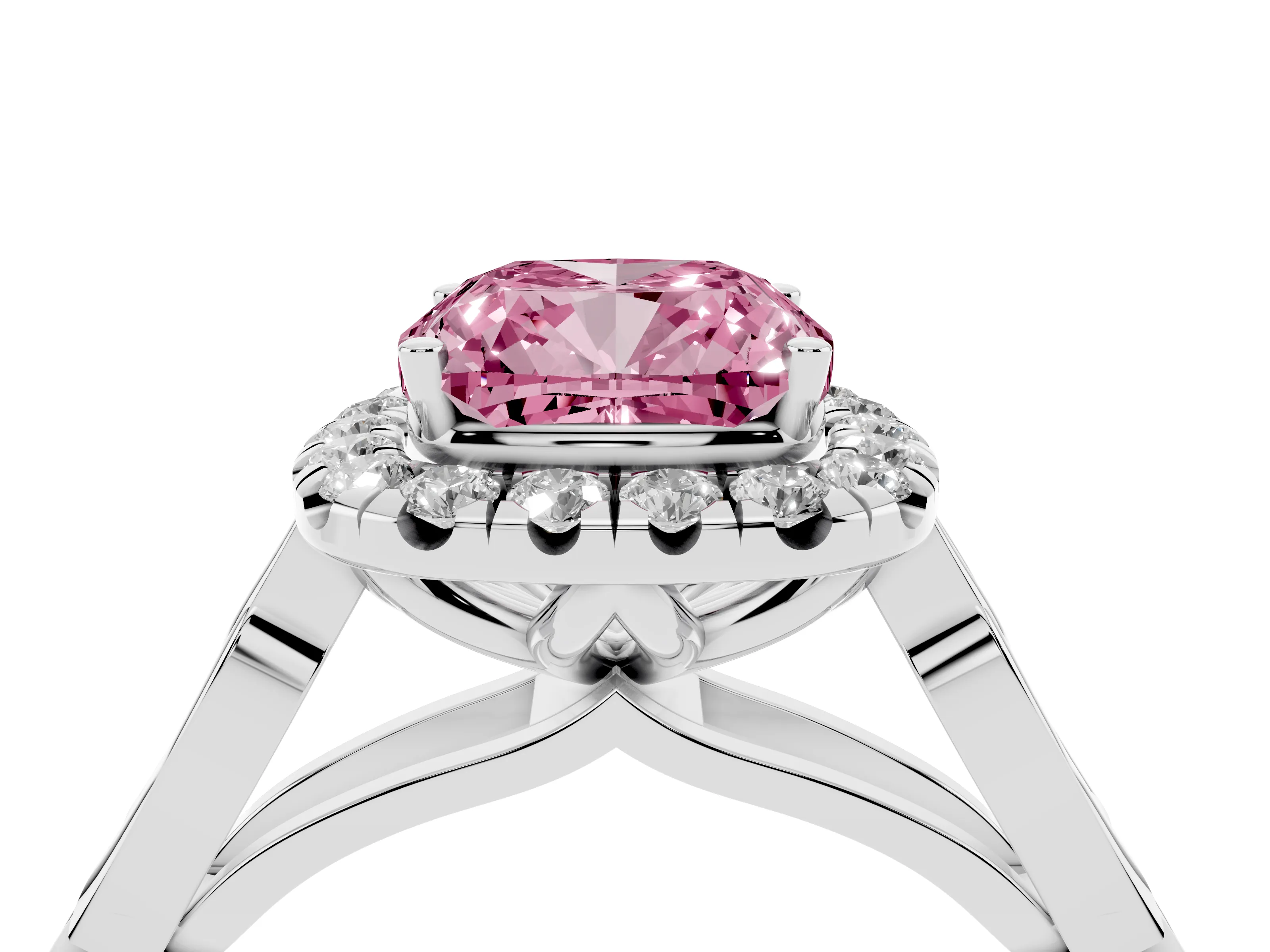 Fancy Pink Cushion Cut Diamond Halo Engagement Ring Set in Platinum with Filigree Band and Prong-Set Center