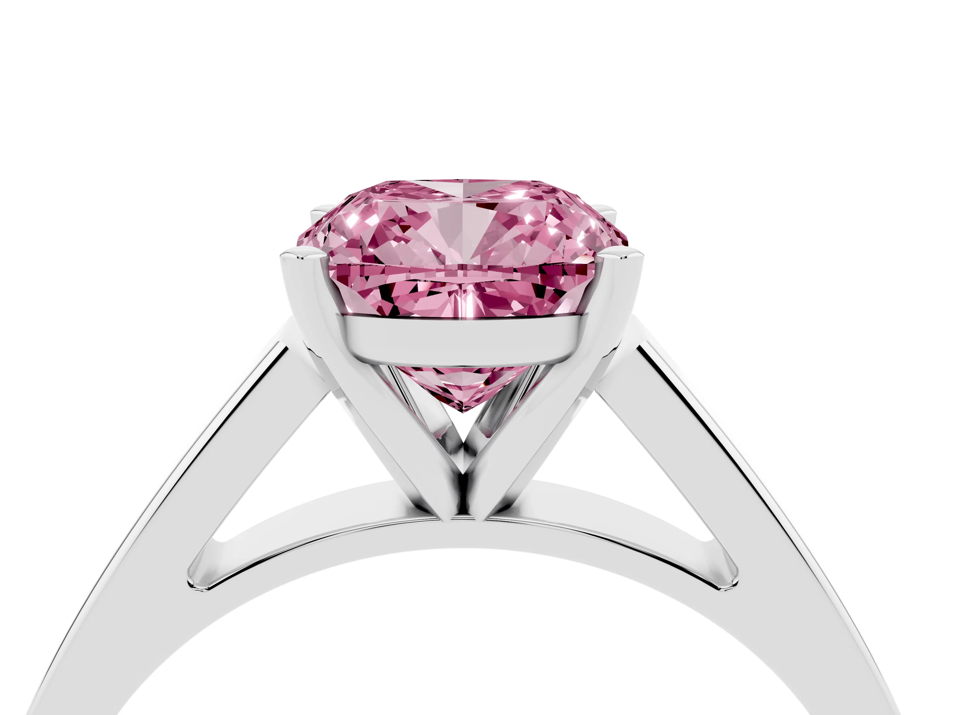Fancy Pink Cushion Cut Diamond Solitaire Engagement Ring Set in White gold with Prong Setting and Tapered Band