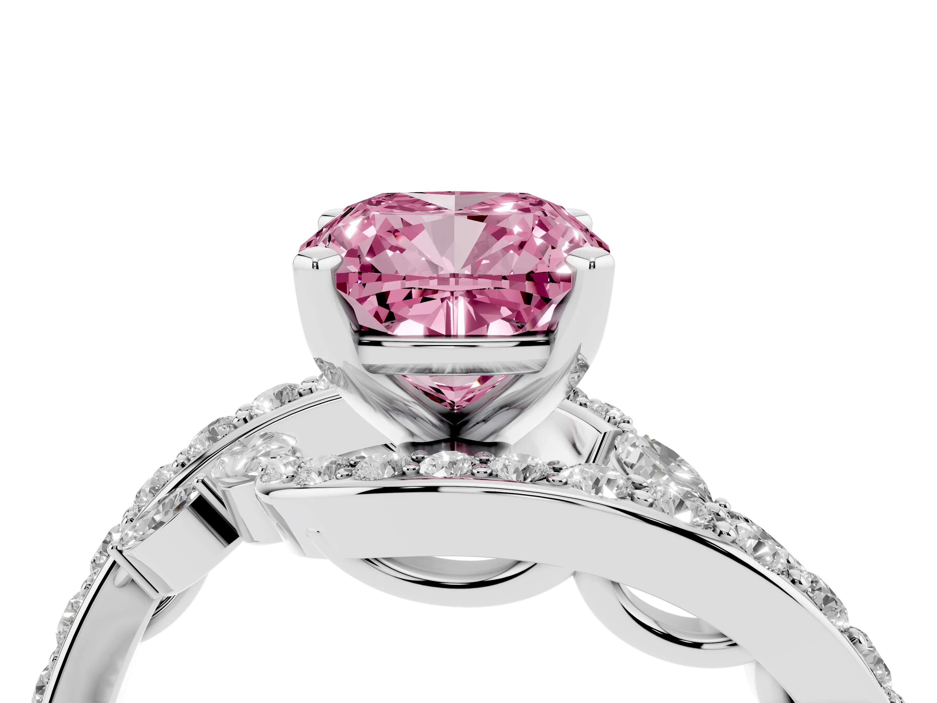 Fancy Pink Cushion Cut Diamond Solitaire Ring Set in Silver with Pavé Twist Band and Secure Prong Setting