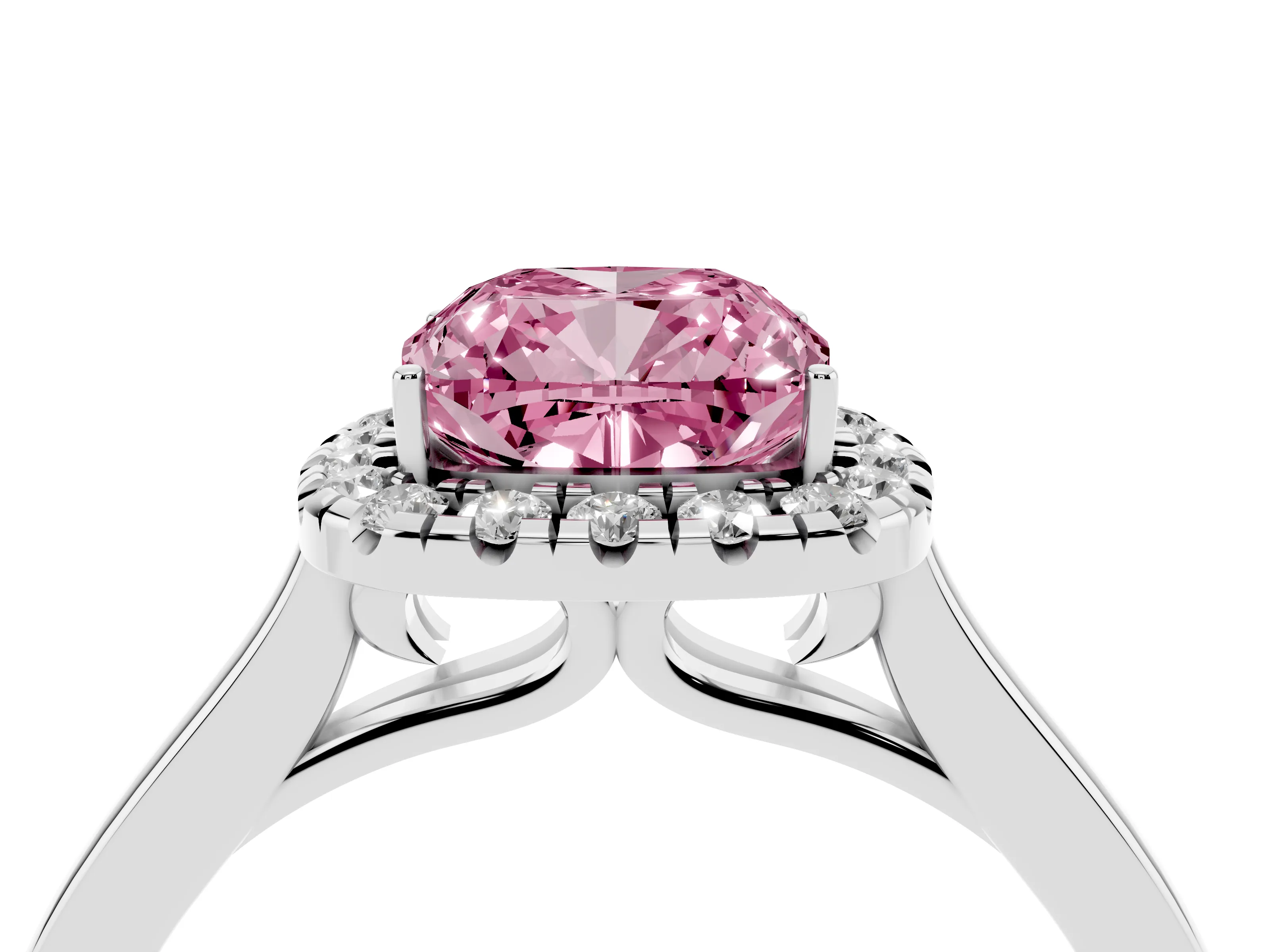 Fancy Pink Cushion Cut Halo Round Diamond Solitaire Ring Set in White gold with Pavé Band and Prong Setting