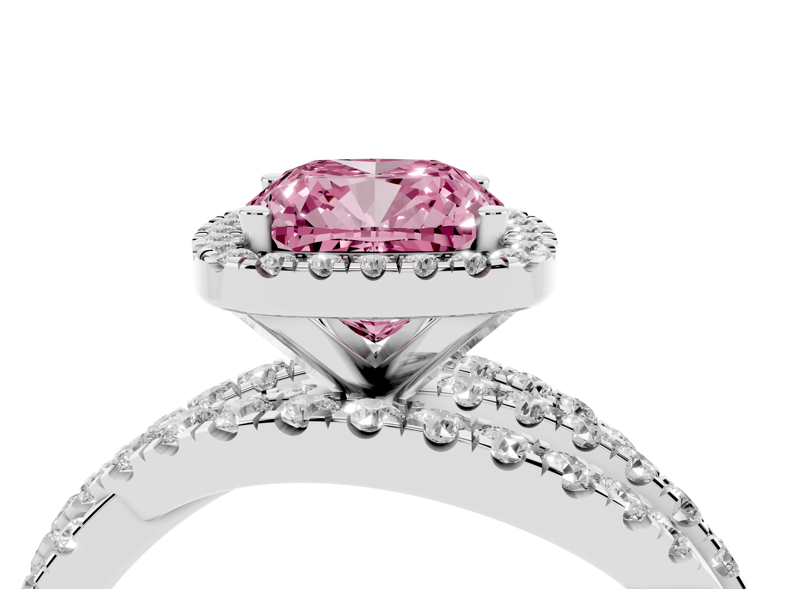 Fancy Pink Cushion Cut Diamond Halo Ring Set in Platinum with Round Crossover Split Shank and Prong Setting