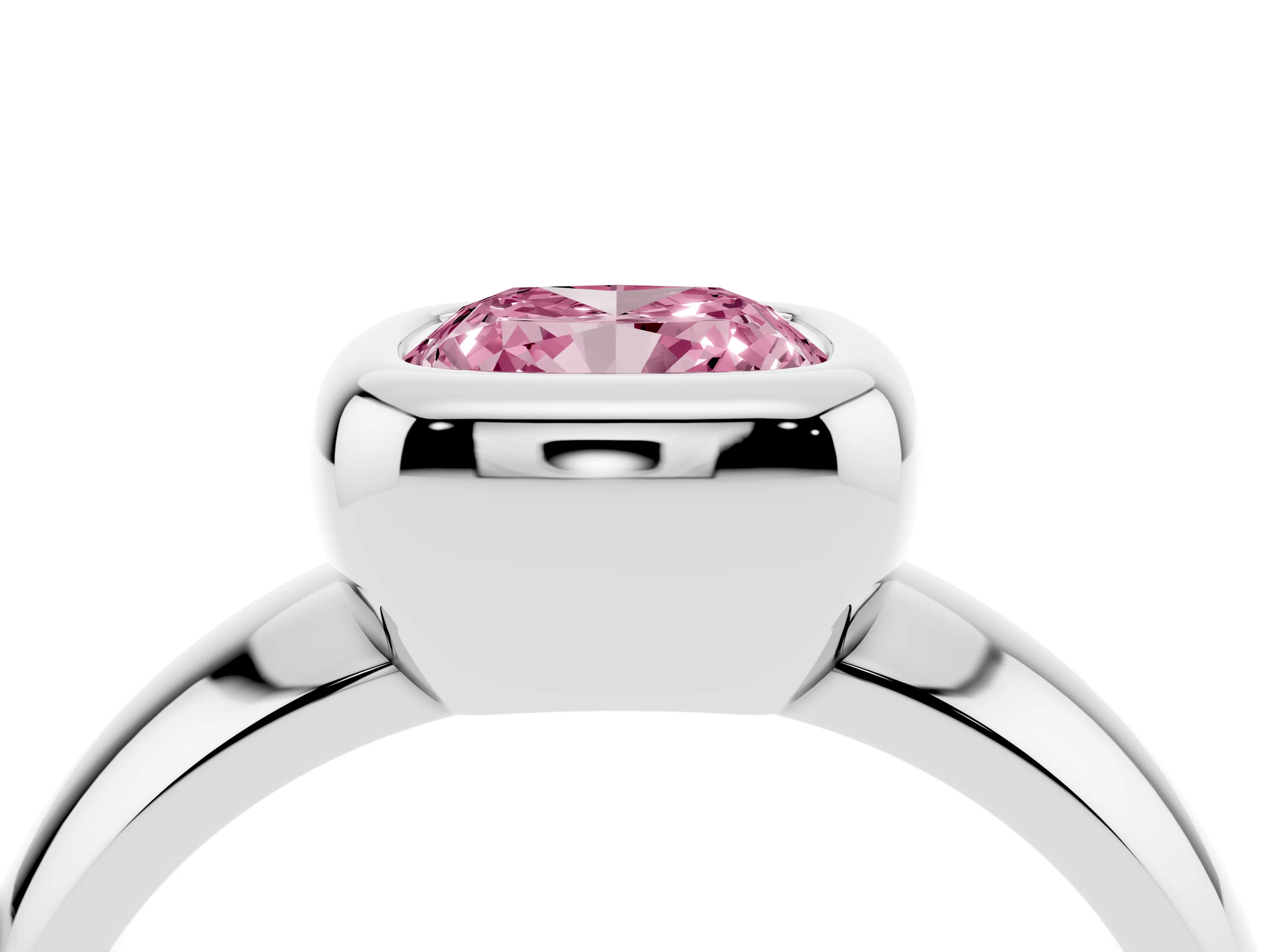 Fancy Pink Bezel Set Cushion Cut Diamond Solitaire Ring Set in Silver with Wide Band