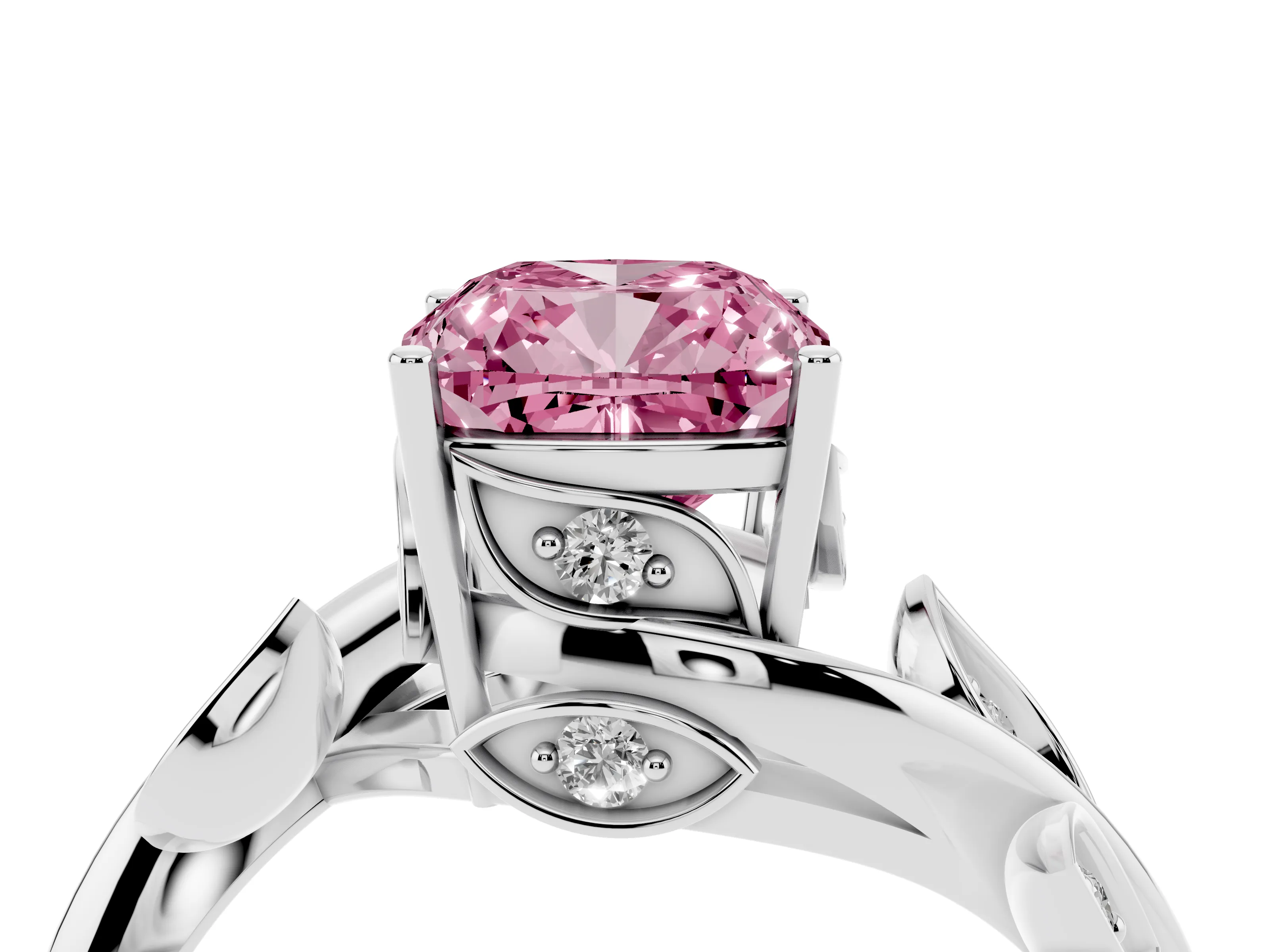 Fancy Pink Cushion Cut Diamond Solitaire Twist Engagement Ring Set in Platinum with Pavé Leaf Accents