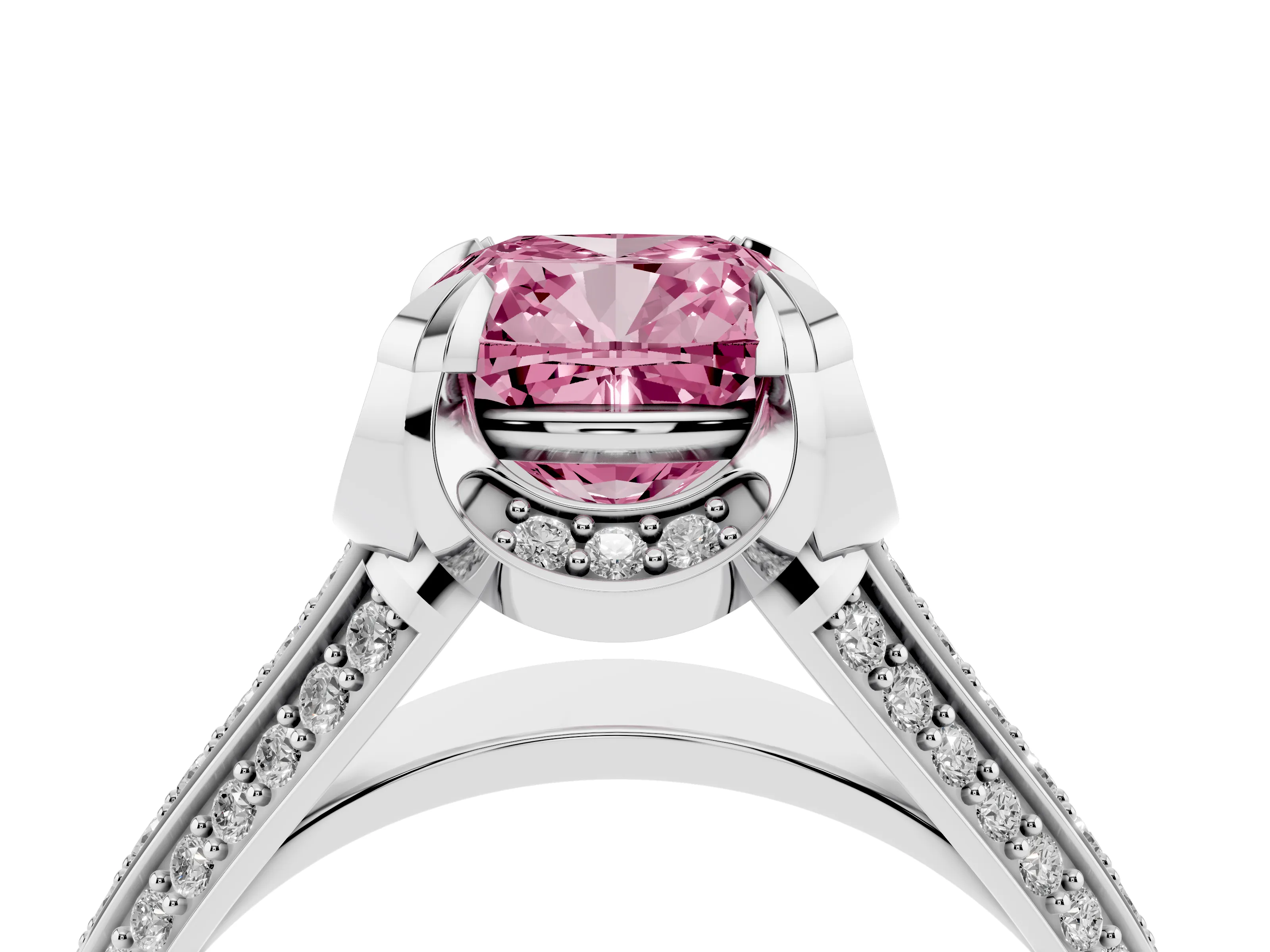 Fancy Pink Cushion Cut Diamond Pavé Split Shank Solitaire Ring Set in Platinum with Prong Setting