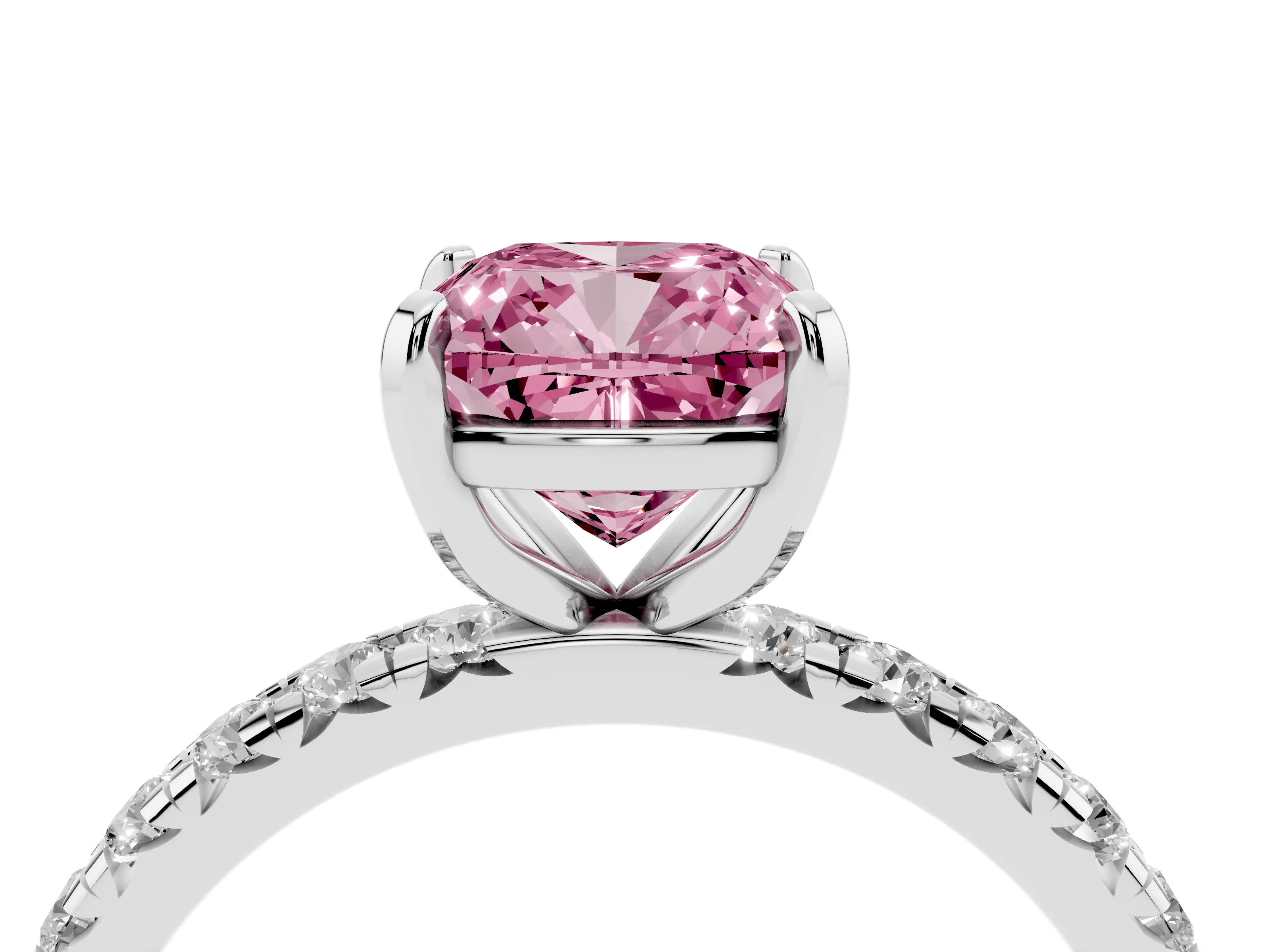Fancy Pink Cushion Cut Diamond Pavé Solitaire Ring Set in Platinum with Round Band and Prong Setting