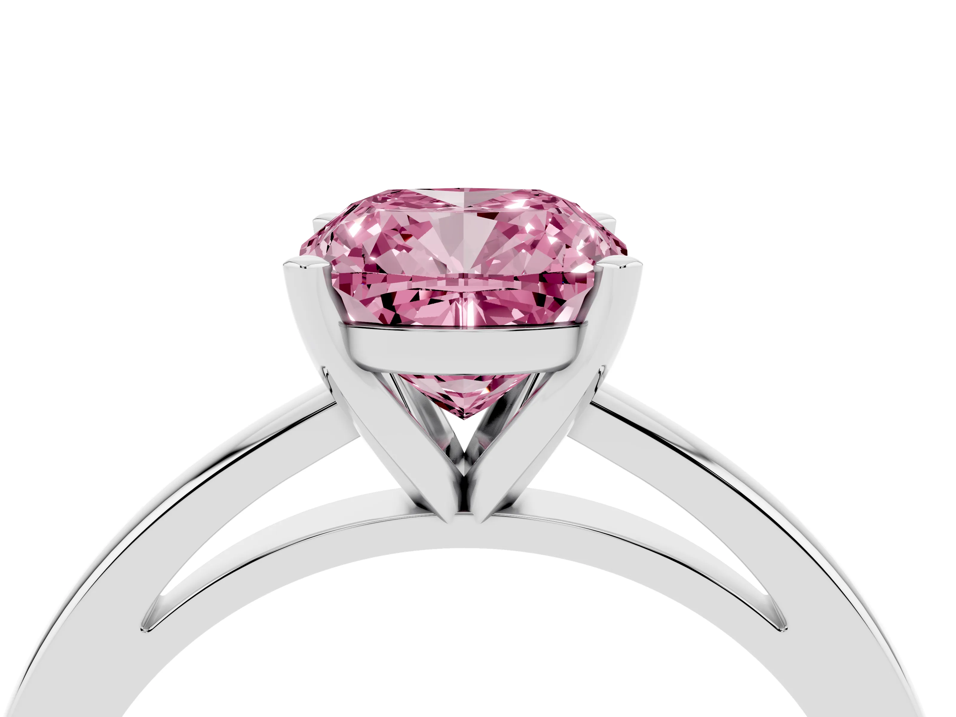 Fancy Pink Cushion Cut Diamond Solitaire Engagement Ring Set in Platinum with Prong Setting on a Classic Band