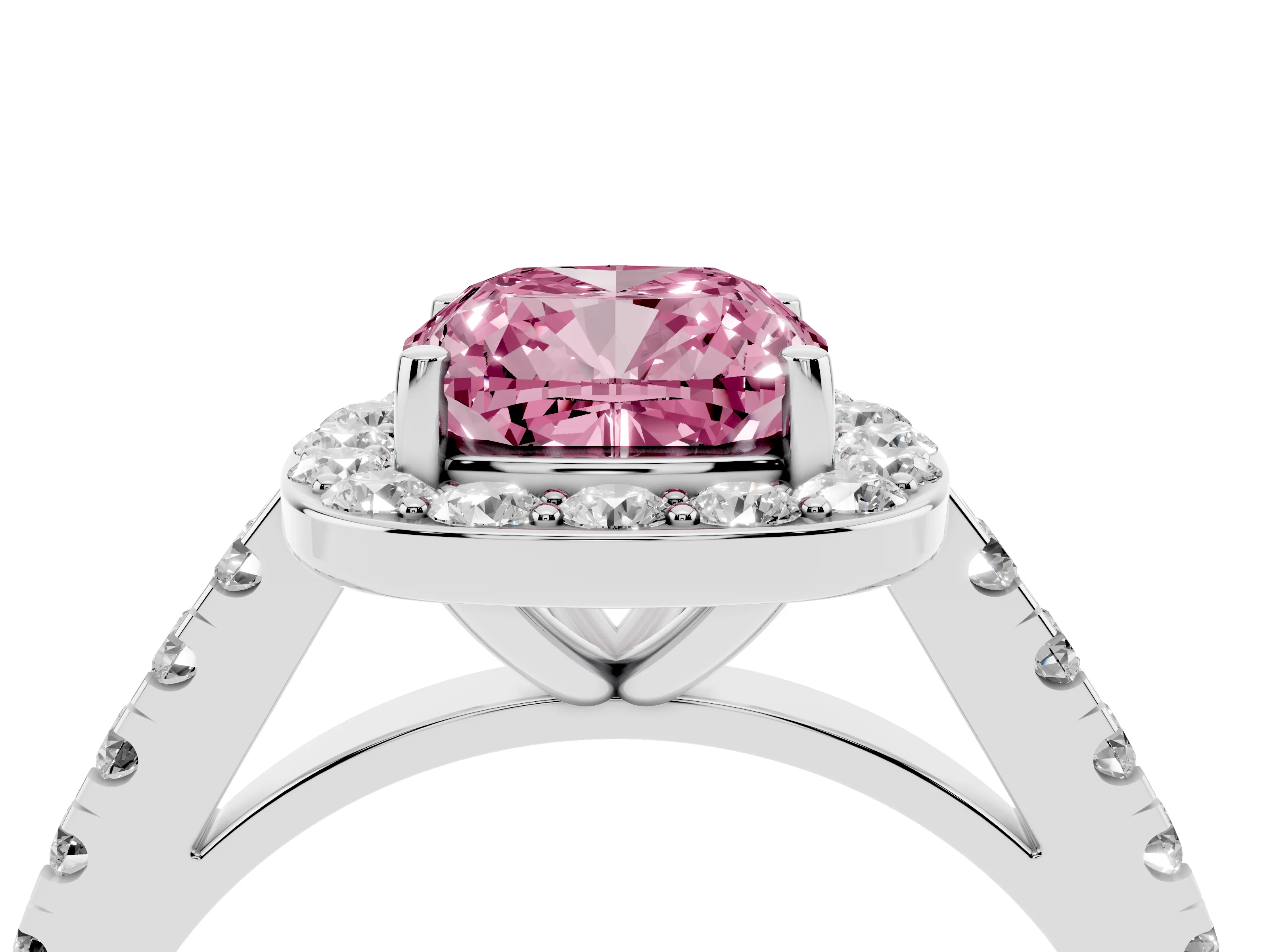 Fancy Pink Cushion Cut Diamond Halo Ring Set in Silver with Round Pavé Split Shank and Prong Setting
