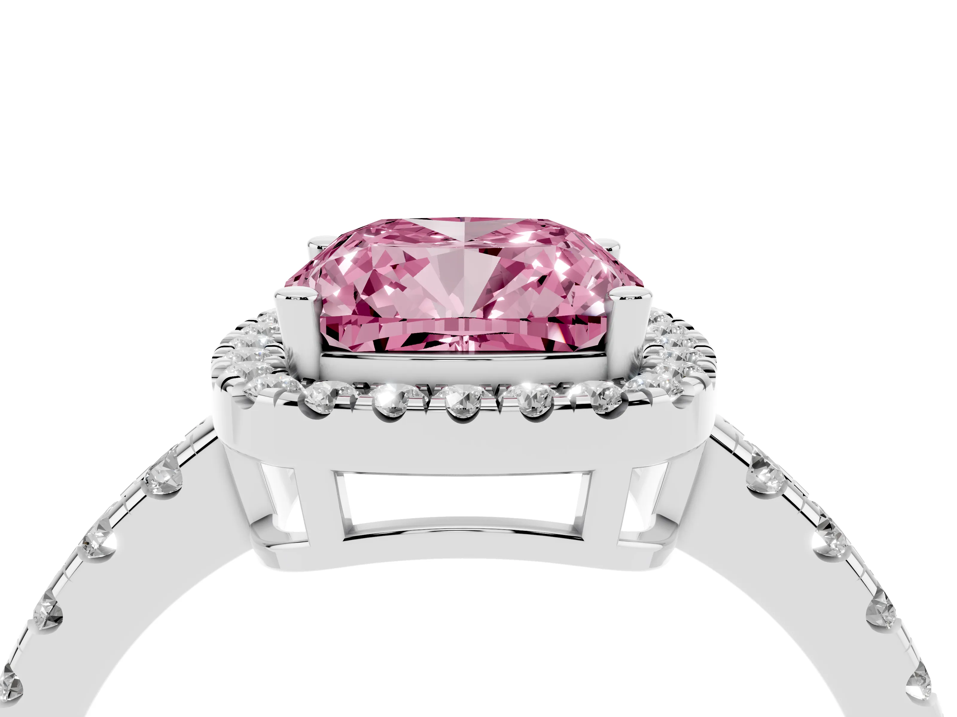 Fancy Pink Cushion Cut Diamond Halo Ring Set in Silver with Delicate Pavé Band and Prong Setting