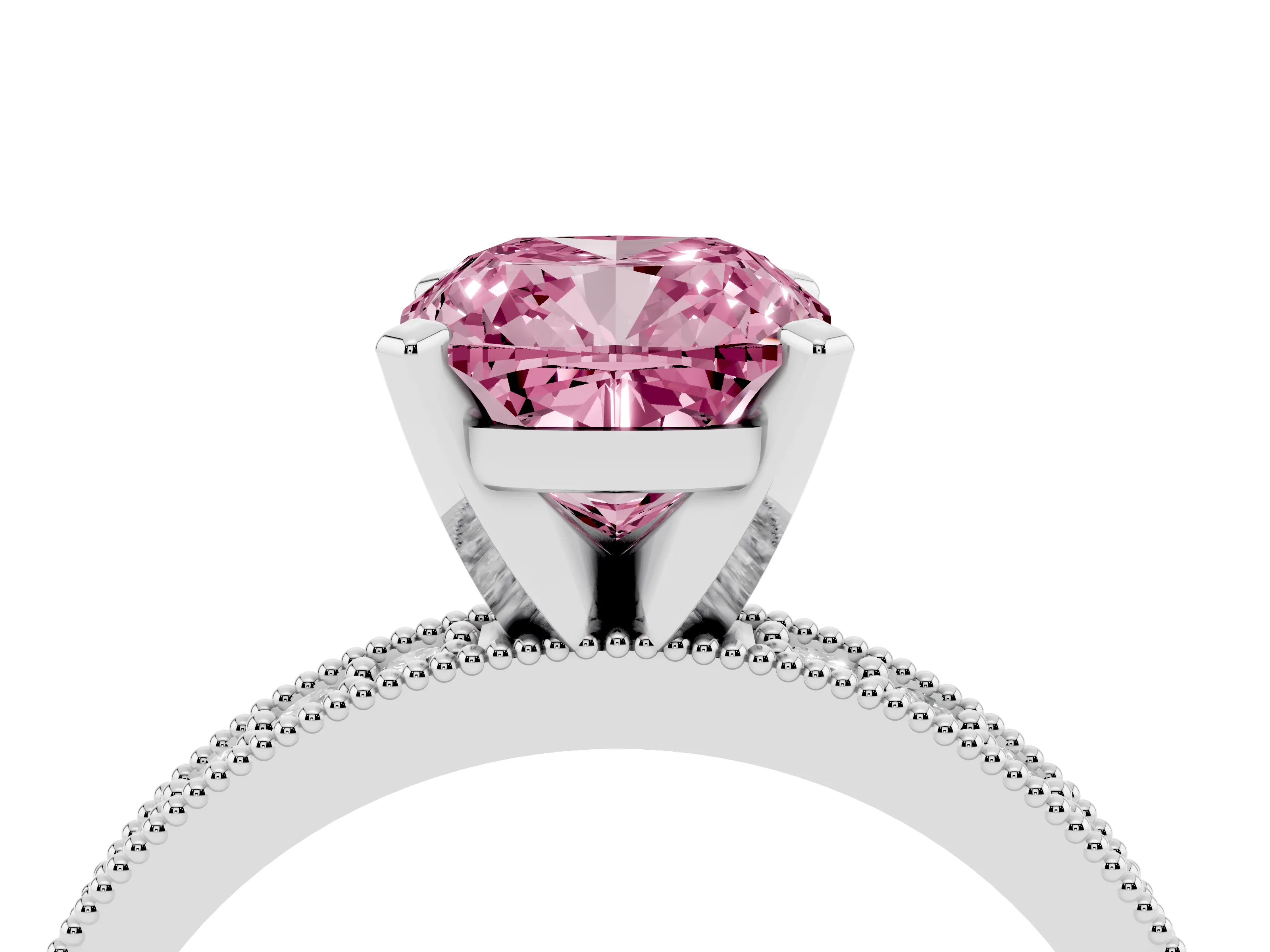 Fancy Pink Cushion Cut Diamond Milgrain Pavé Engagement Ring Set in Platinum with Prong Setting