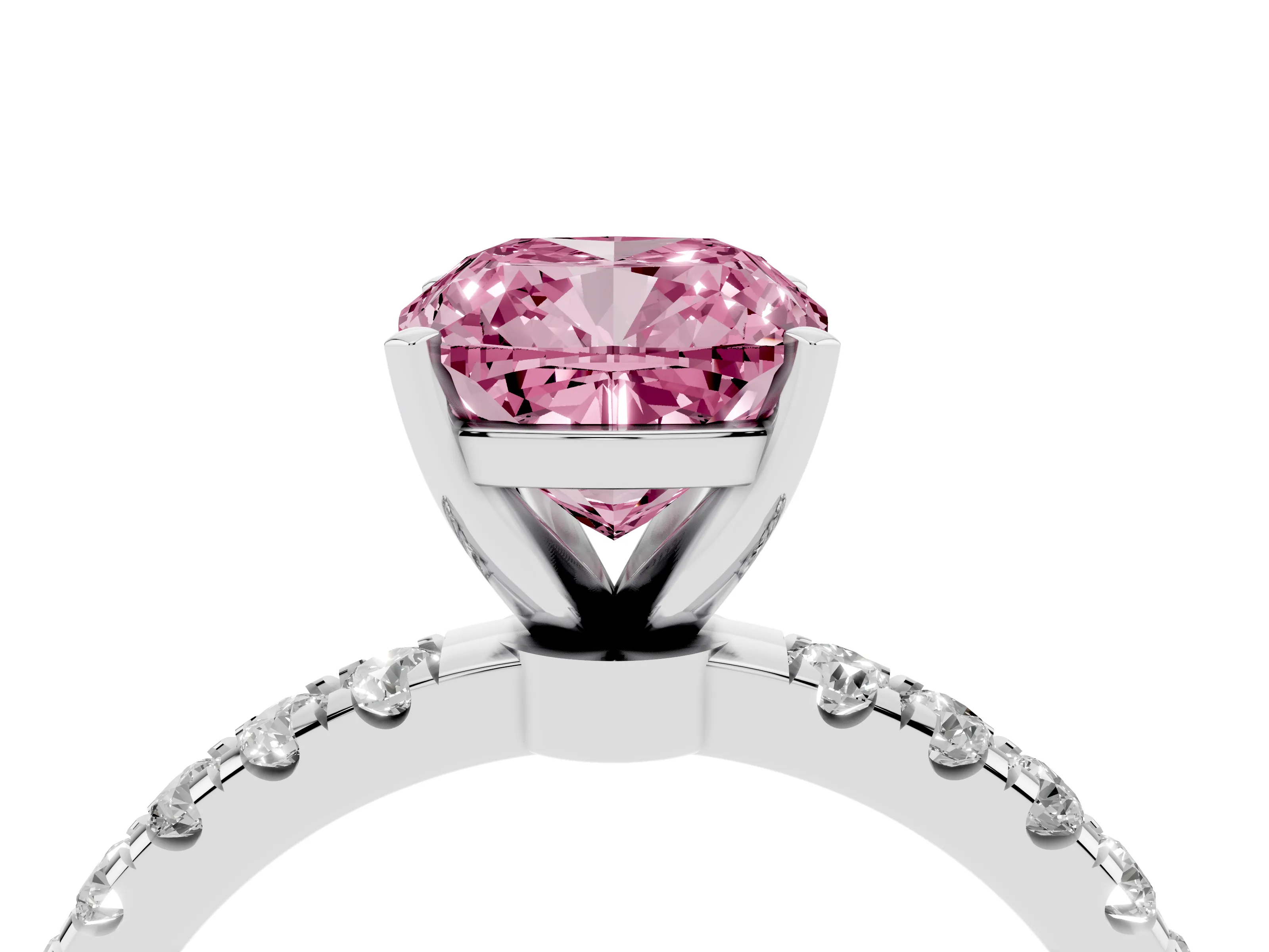 Fancy Pink Cushion Cut Diamond Solitaire Ring Set in Silver with Pavé Accents and Prong Setting