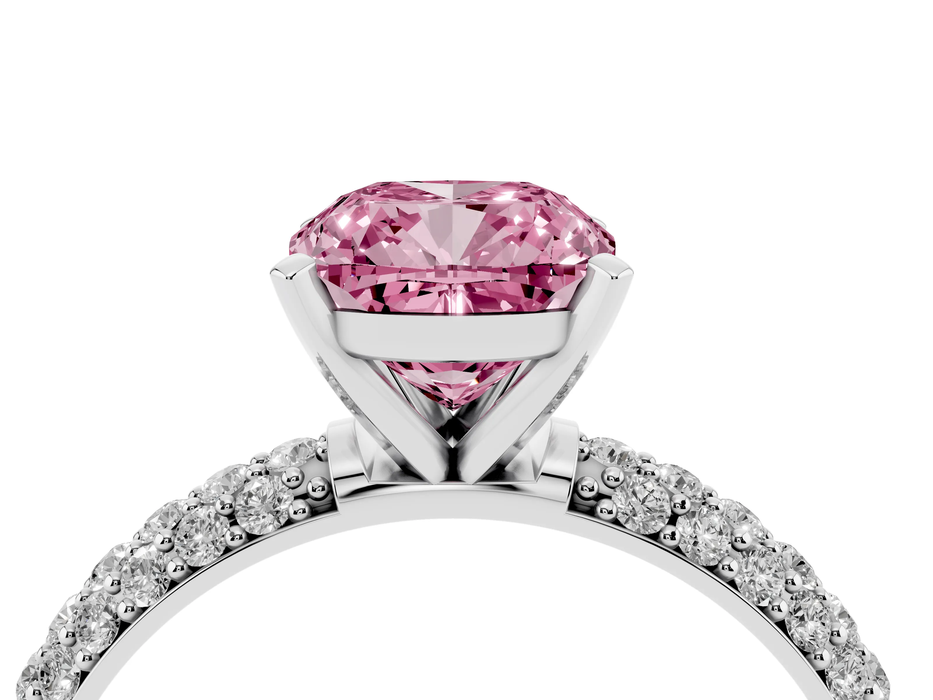 Fancy Pink Cushion Cut Diamond Solitaire Ring Set in Platinum with Prong Setting and Pavé-Set Band
