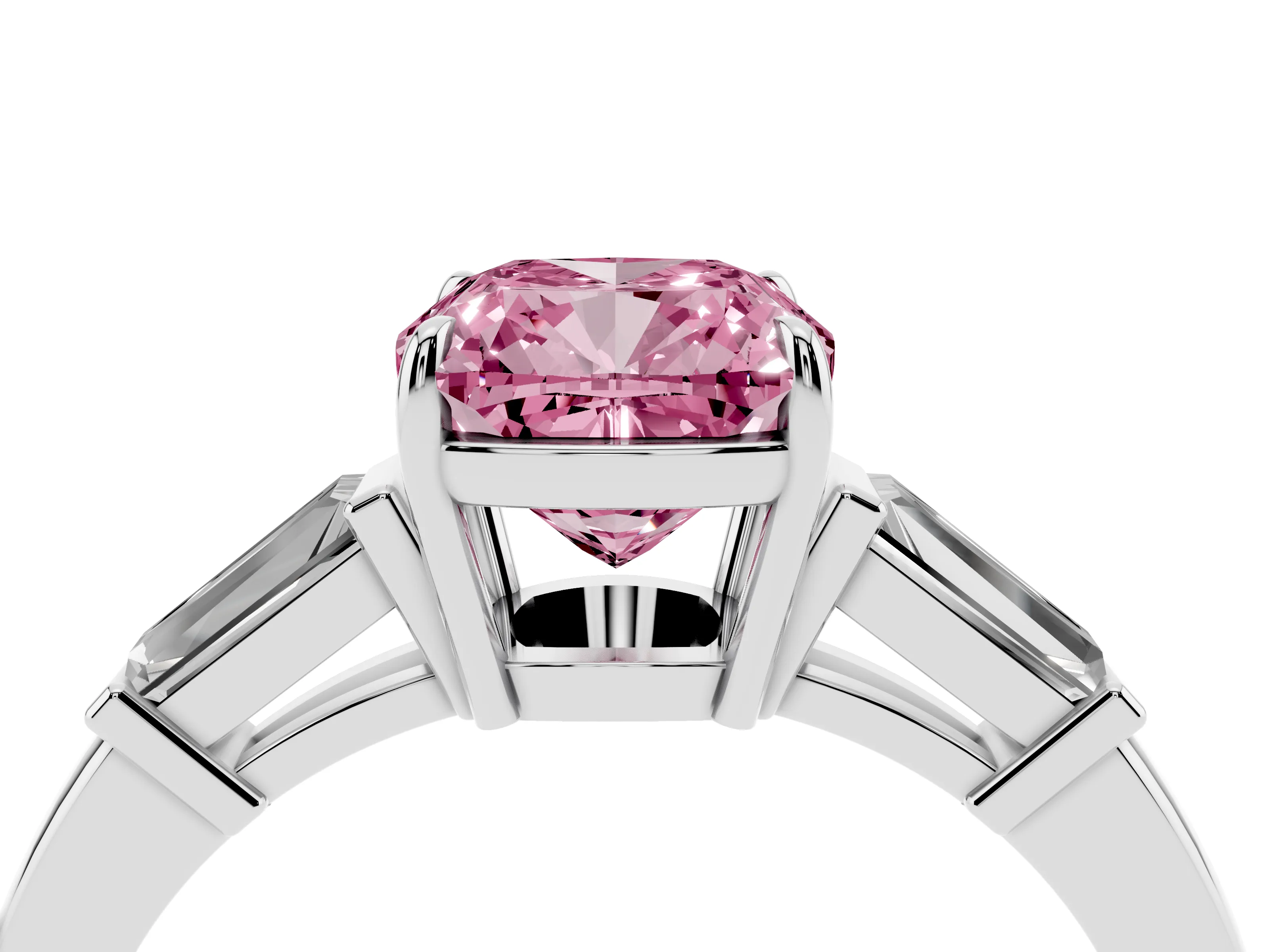 Fancy Pink Cushion Cut Diamond Three-Stone Ring Set in Platinum with Tapered Baguette Side Stones and Prong Setting