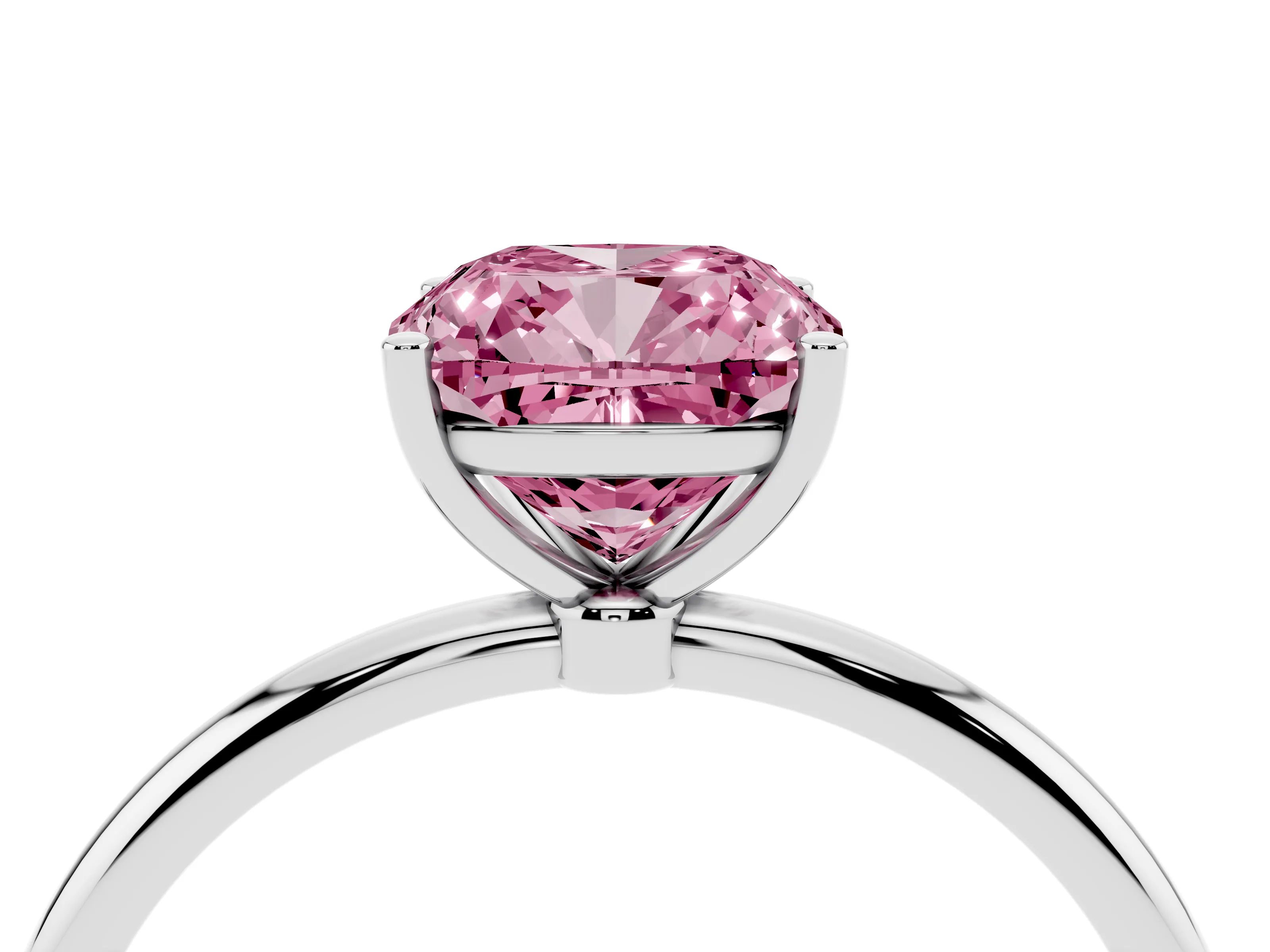 Fancy Pink Cushion Cut Diamond Solitaire Engagement Ring Set in White gold with Thin Band and Prong Setting