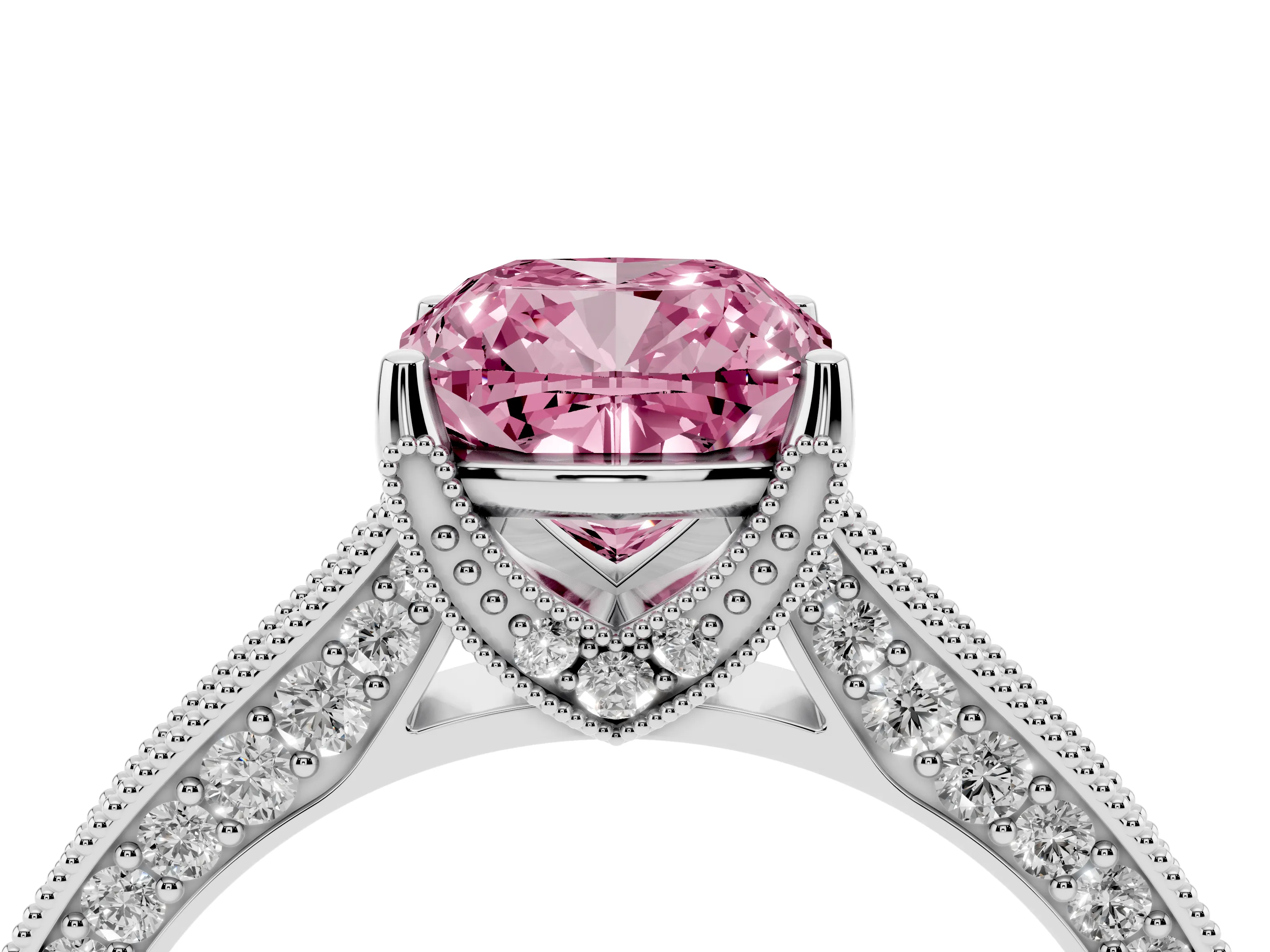 Fancy Pink Cushion Cut Diamond Solitaire Ring Set in Silver with Milgrain-Edged Pavé Band and Prong Setting