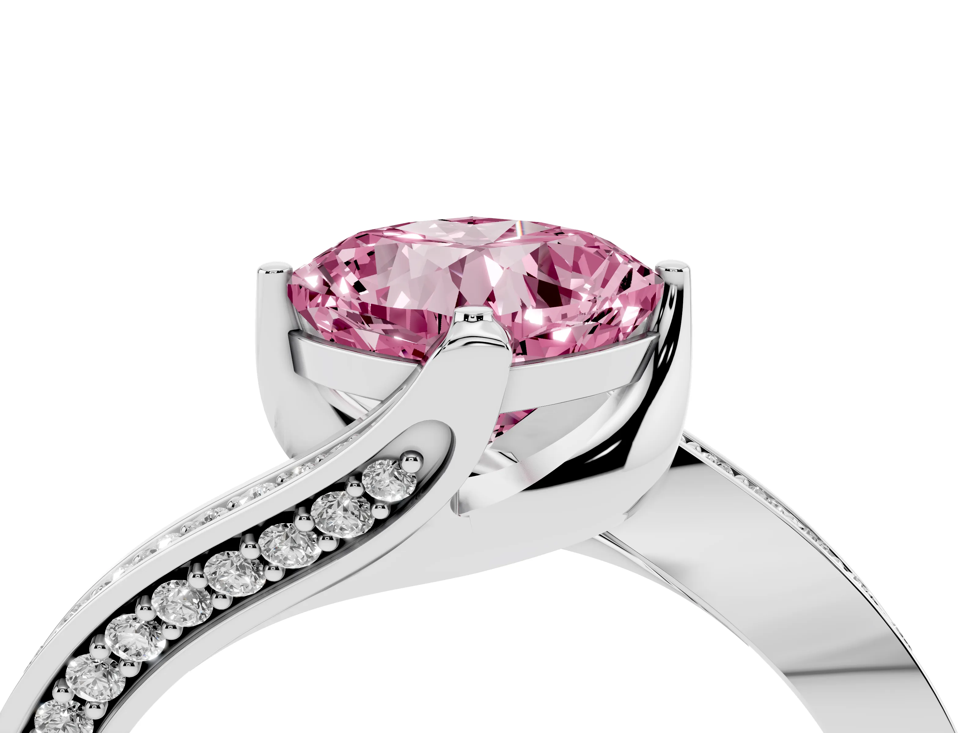 Fancy Pink Cushion Cut Diamond Solitaire Ring Set in Silver with Intertwined Pavé Twist Band