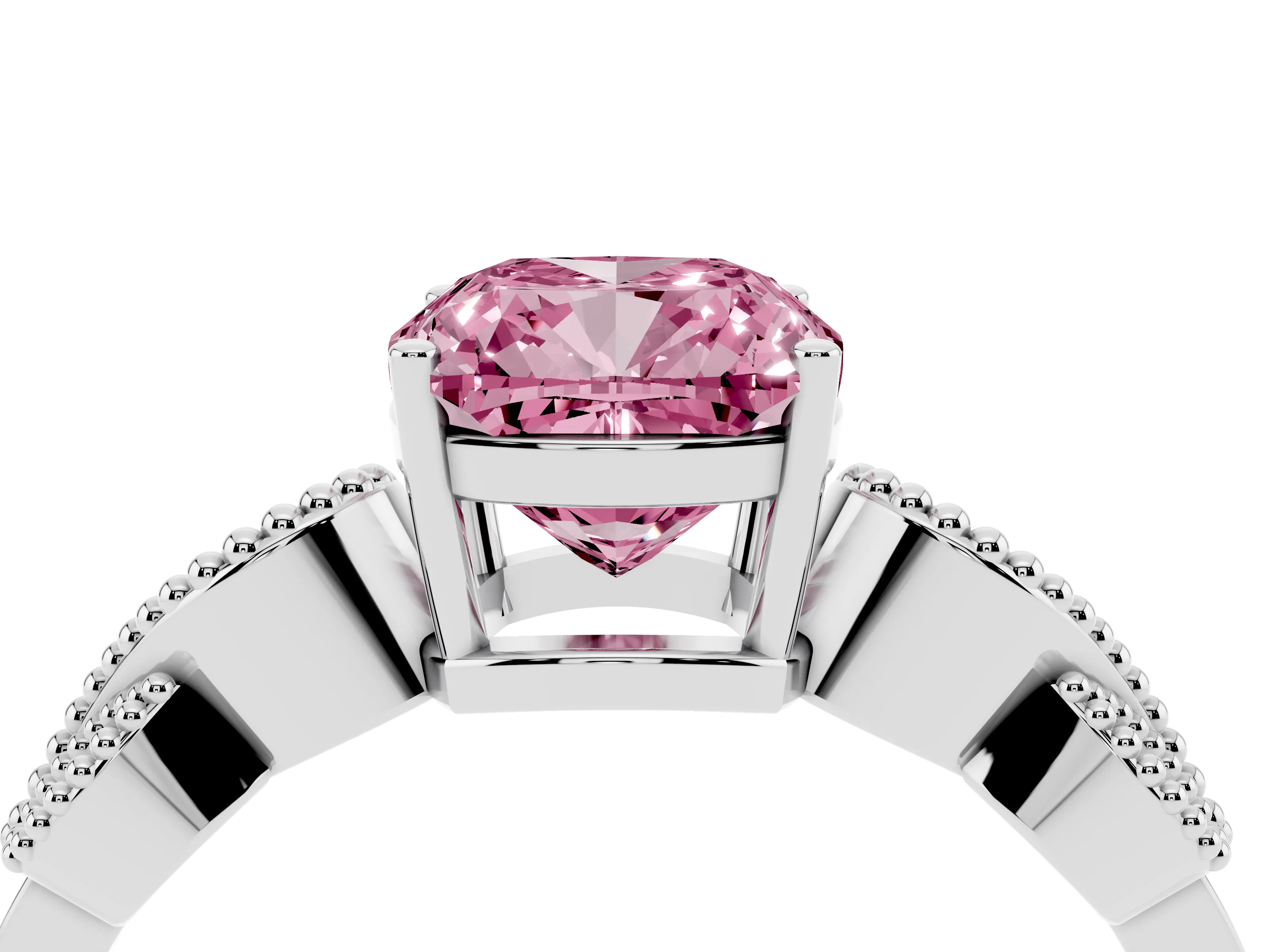 Fancy Pink Cushion Cut Diamond Milgrain Leaf Band Solitaire Ring Set in Platinum with Accent Stones and Prong Setting