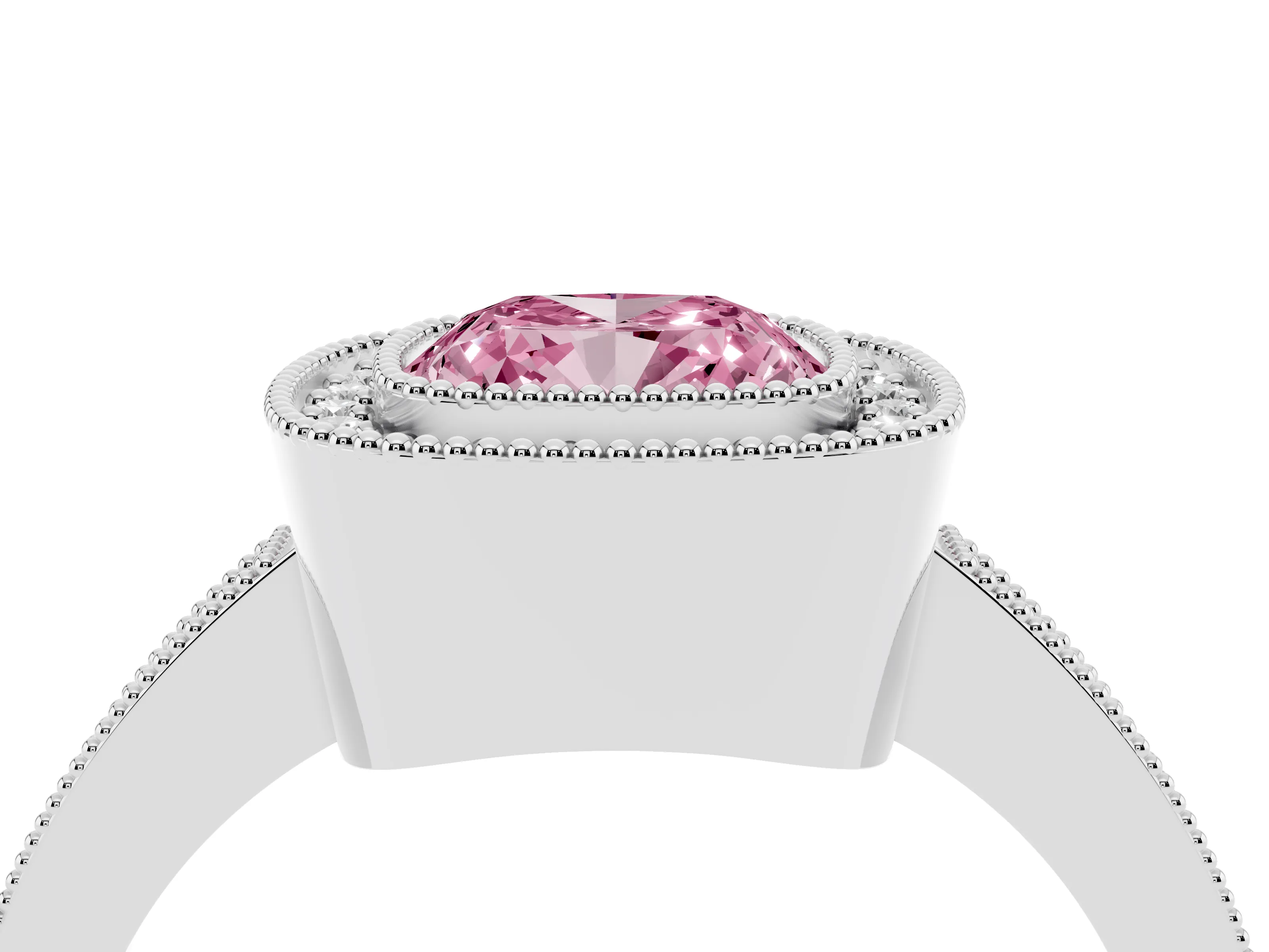 Fancy Pink Cushion Cut Diamond Halo Engagement Ring Set in White gold with Pavé Band and Round Halo Stones