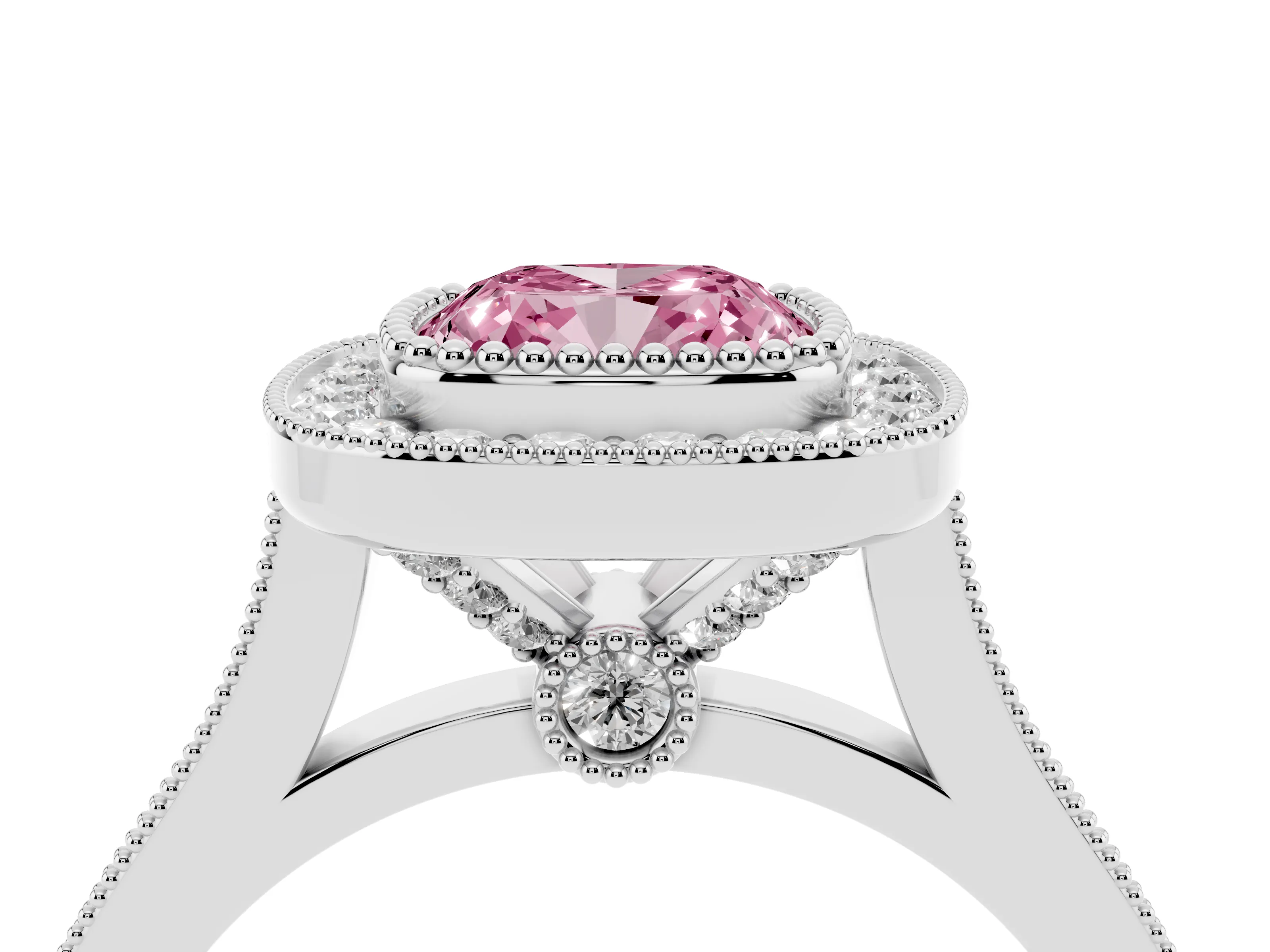 Fancy Pink Cushion Cut Diamond Halo Ring Set in White gold with Milgrain Frame and Pavé Band