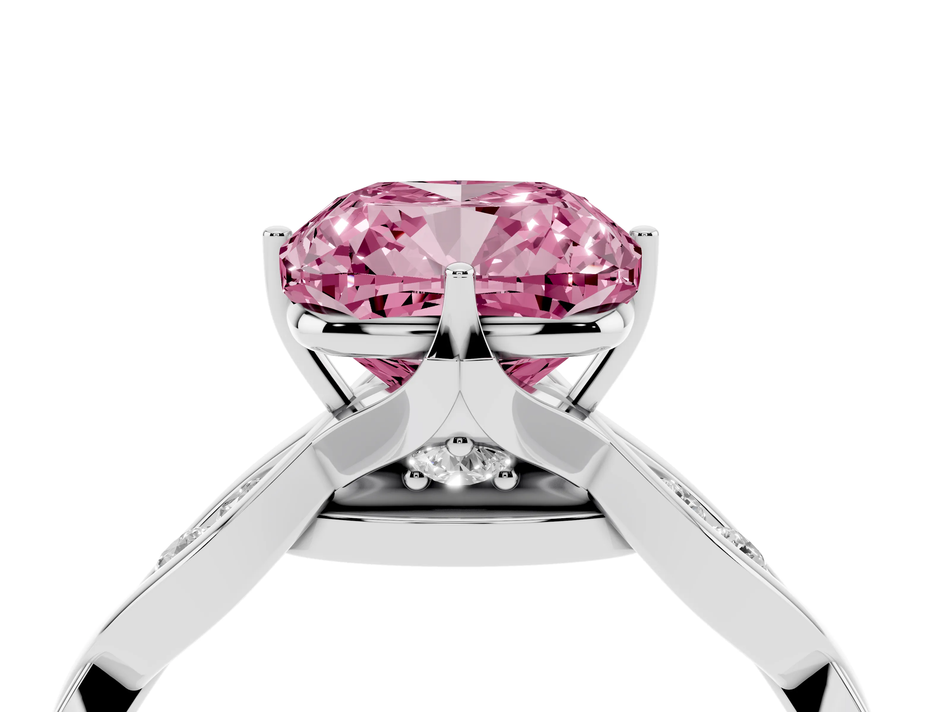 Fancy Pink Cushion Cut Diamond Twist Band Solitaire Ring Set in Platinum with Leaf Prong Setting and Accent Stones