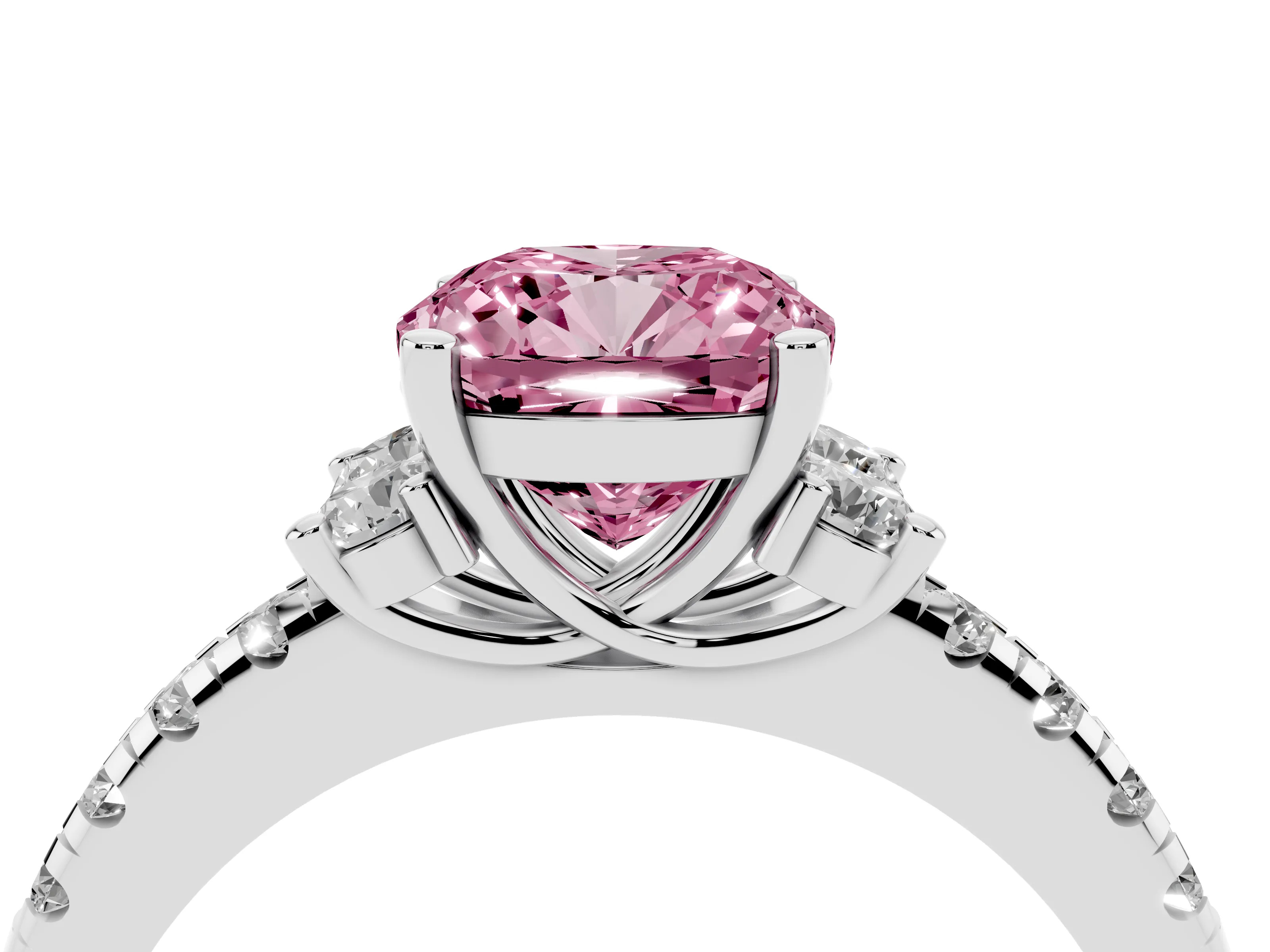 Fancy Pink Cushion Cut Diamond Three-Stone Pavé Ring Set in Silver with Prong Setting