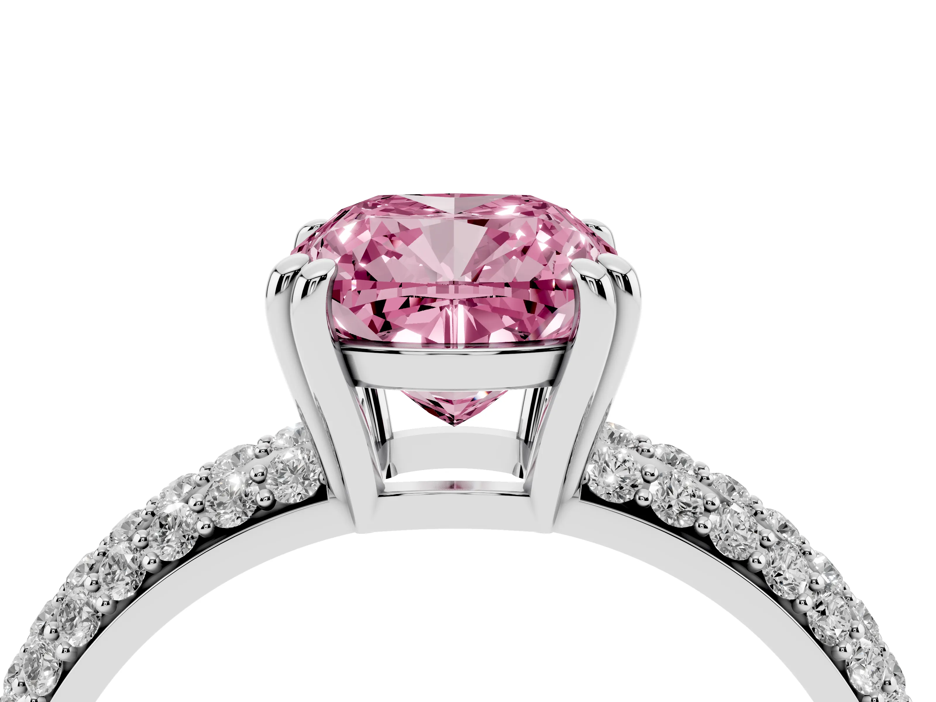Fancy Pink Cushion Cut Diamond Solitaire Ring Set in Platinum with Multi-Row Round Pavé Band and Prong Setting