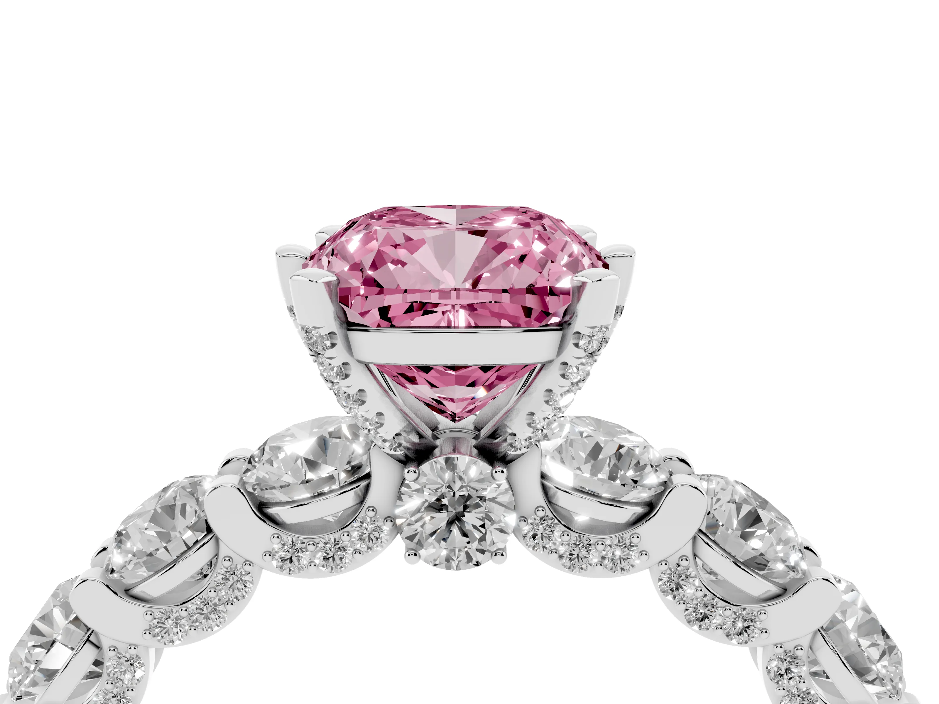 Fancy Pink Cushion Cut Diamond Side Stone Ring Set in Silver with Alternating Round and Oval Side Stones