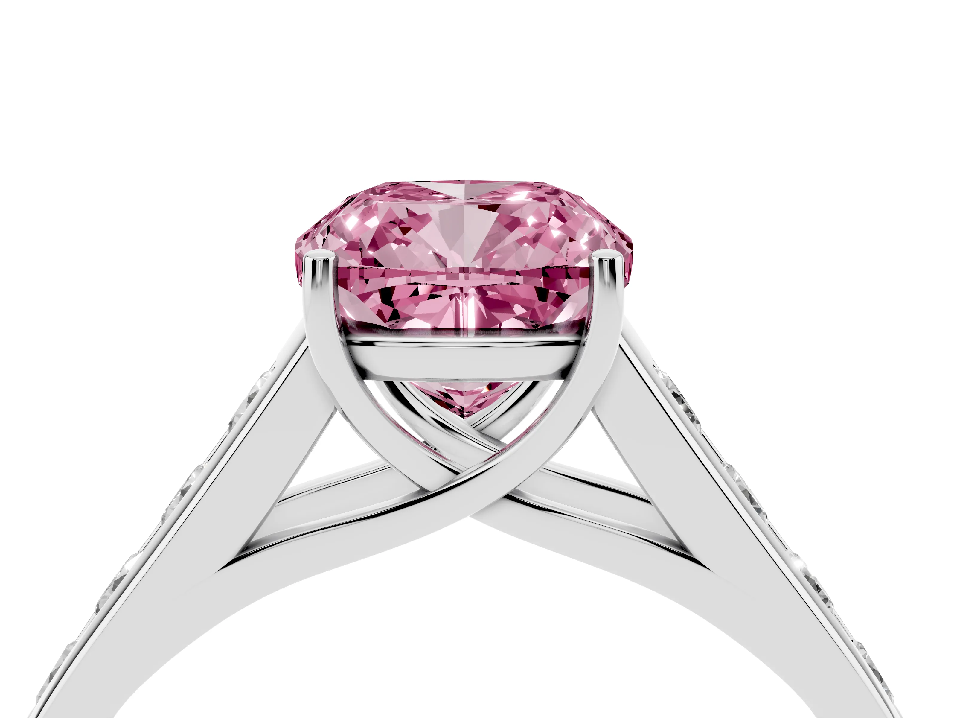 Fancy Pink Cushion Cut Diamond Brilliant Channel-Set Solitaire Ring Set in Platinum with Prong Setting
