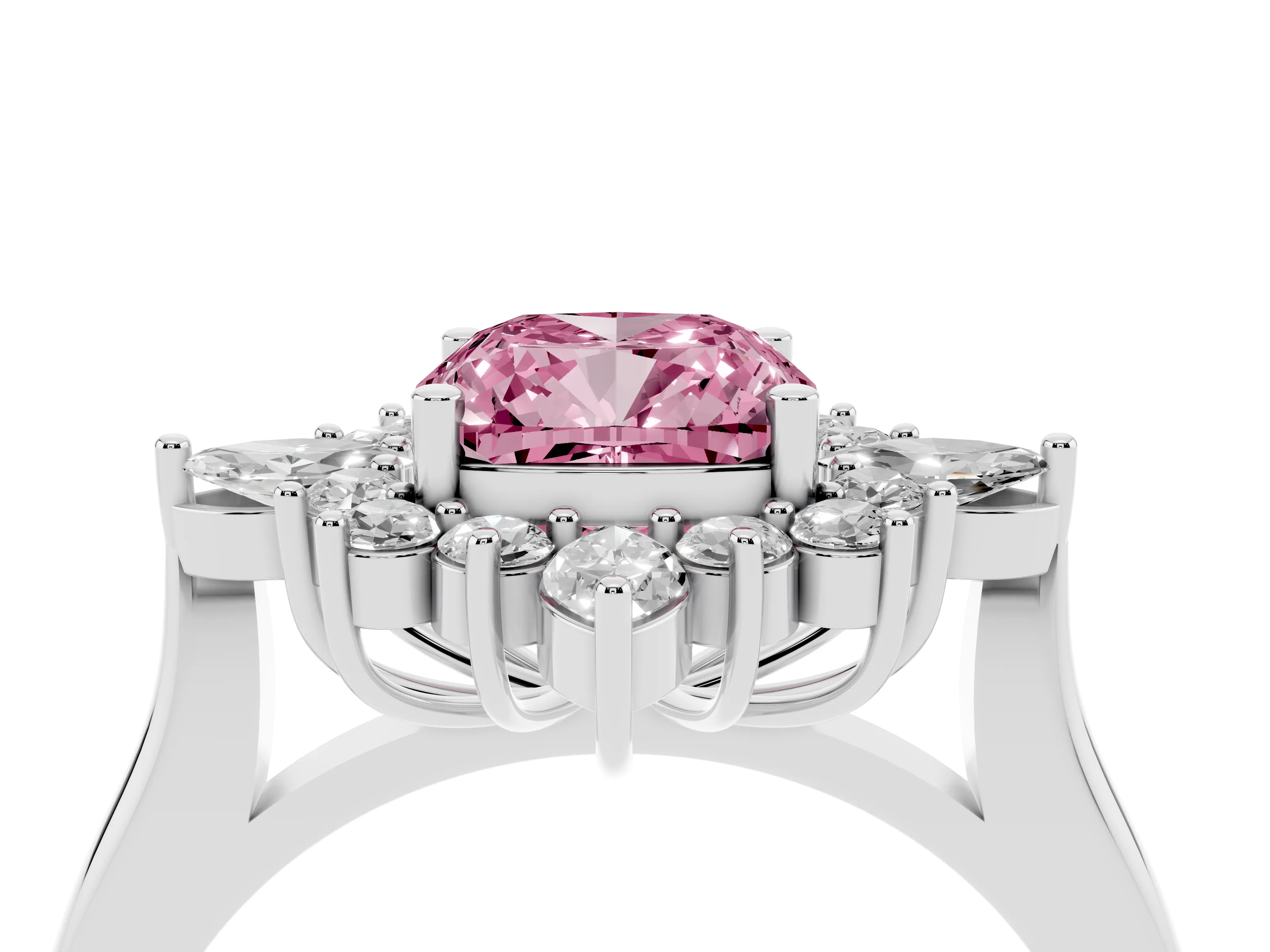 Fancy Pink Cushion Cut Diamond Cluster Halo Ring Set in White gold with Marquise and Round Accents