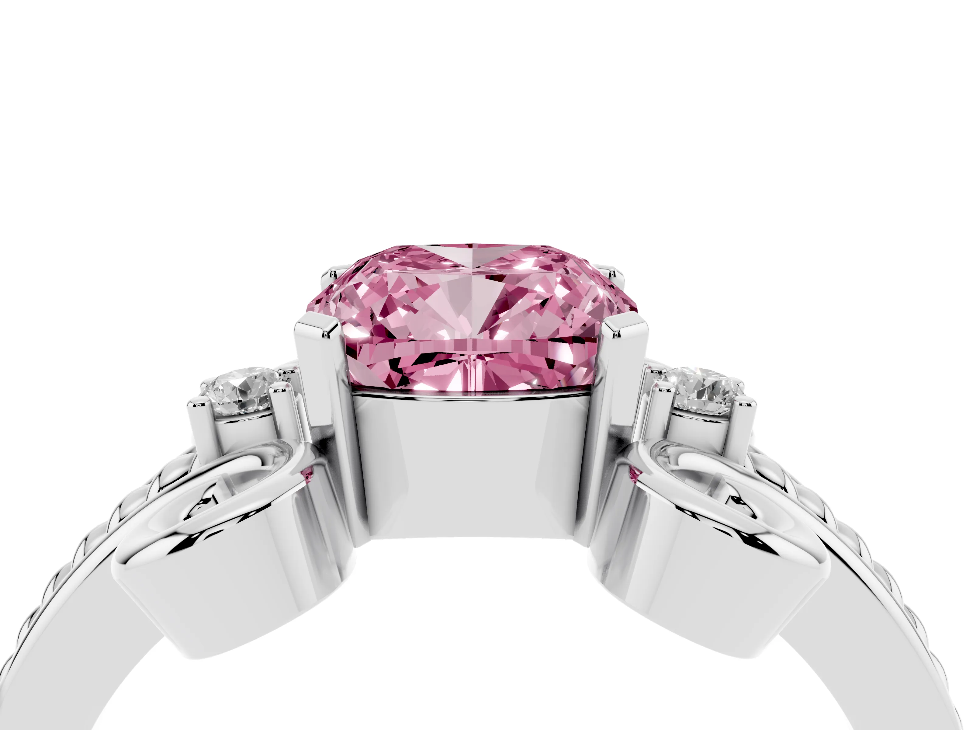 Fancy Pink Cushion Cut Diamond Twisted Band Solitaire Ring Set in White gold with Scroll Prongs