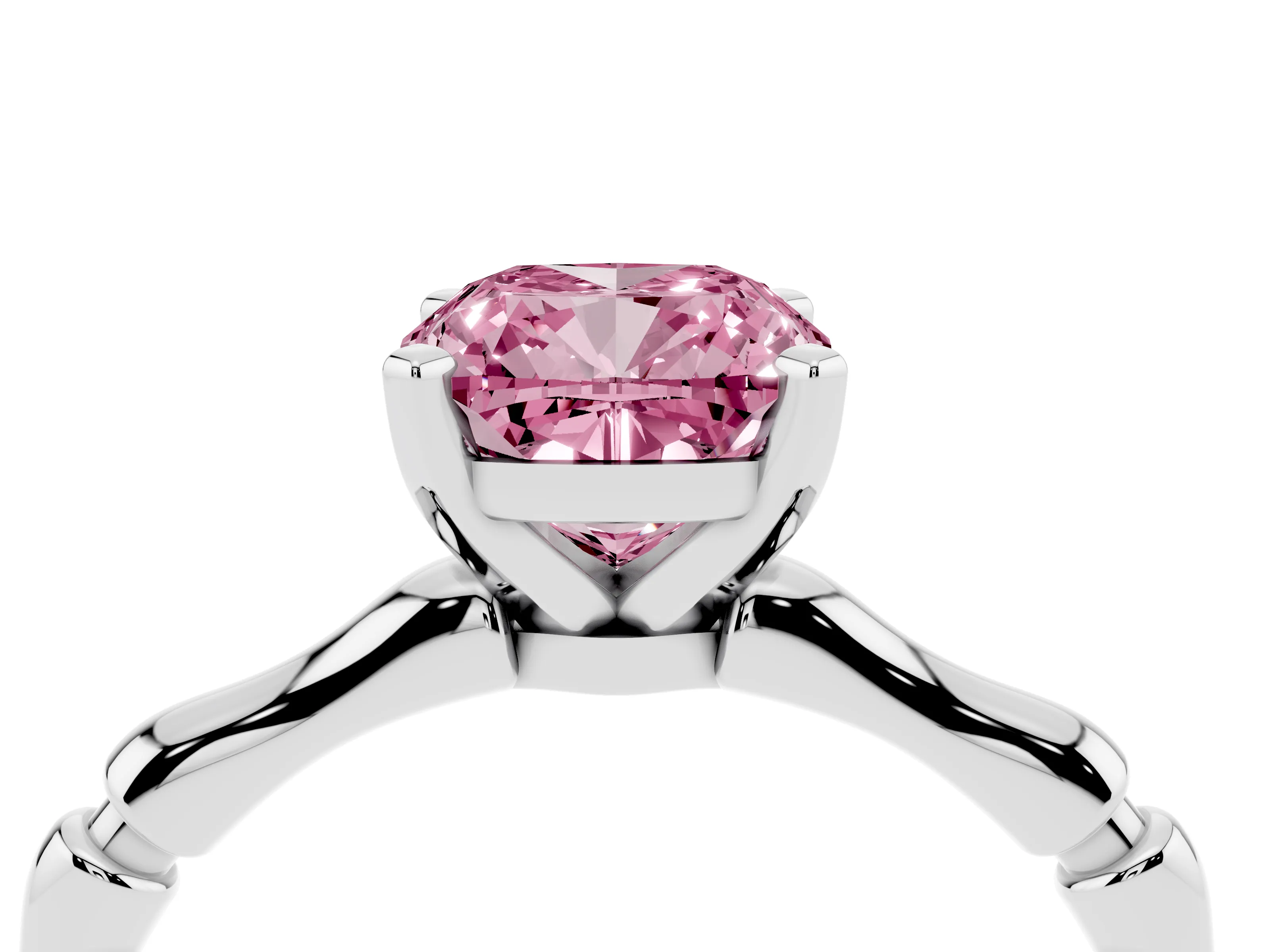 Fancy Pink Cushion Cut Diamond Solitaire Ring Set in Silver with Bamboo Band and Prong Setting