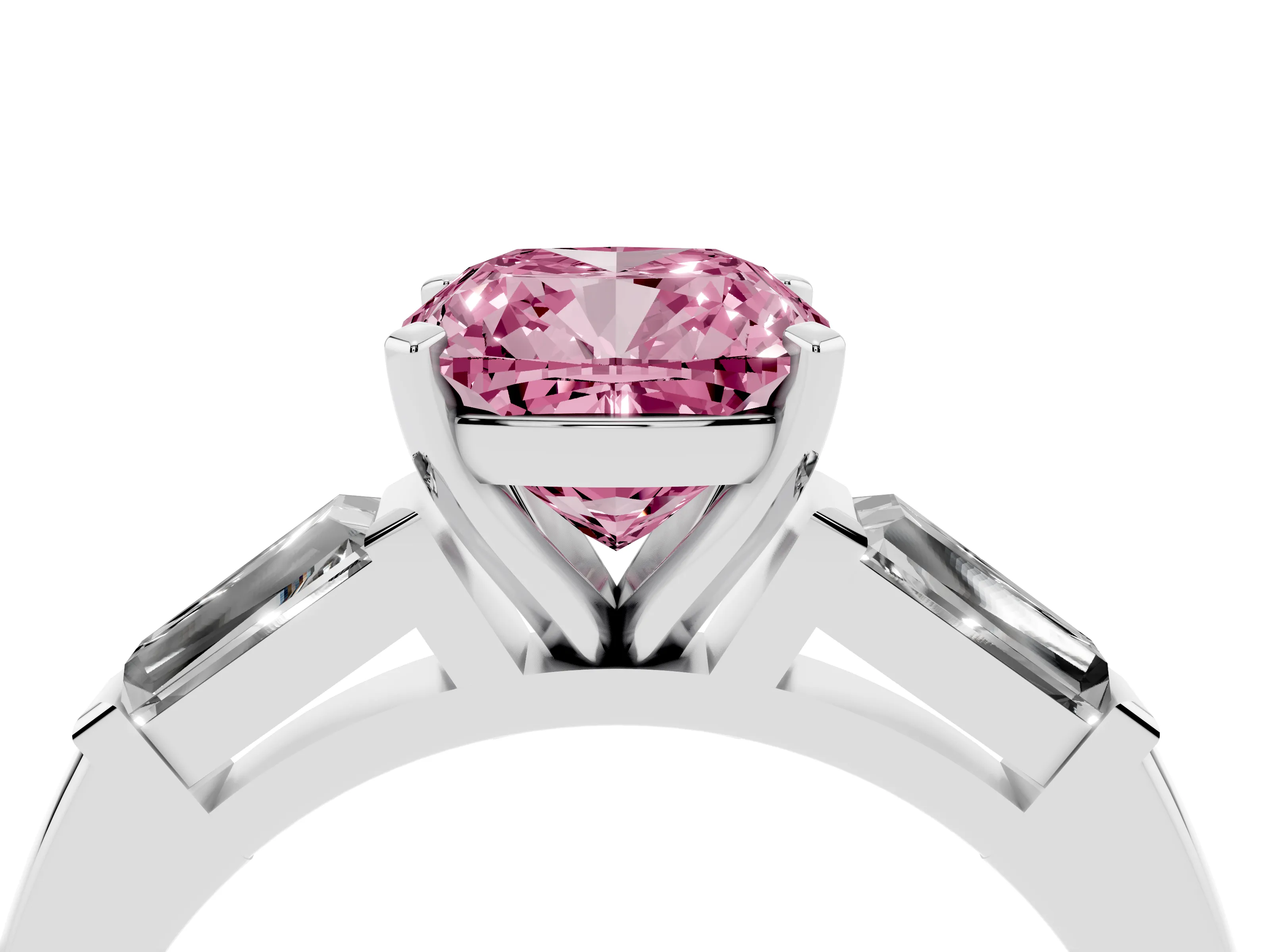 Fancy Pink Cushion Cut Diamond Solitaire Ring Set in Platinum with Tapered Baguette Side Stones and Prong Setting