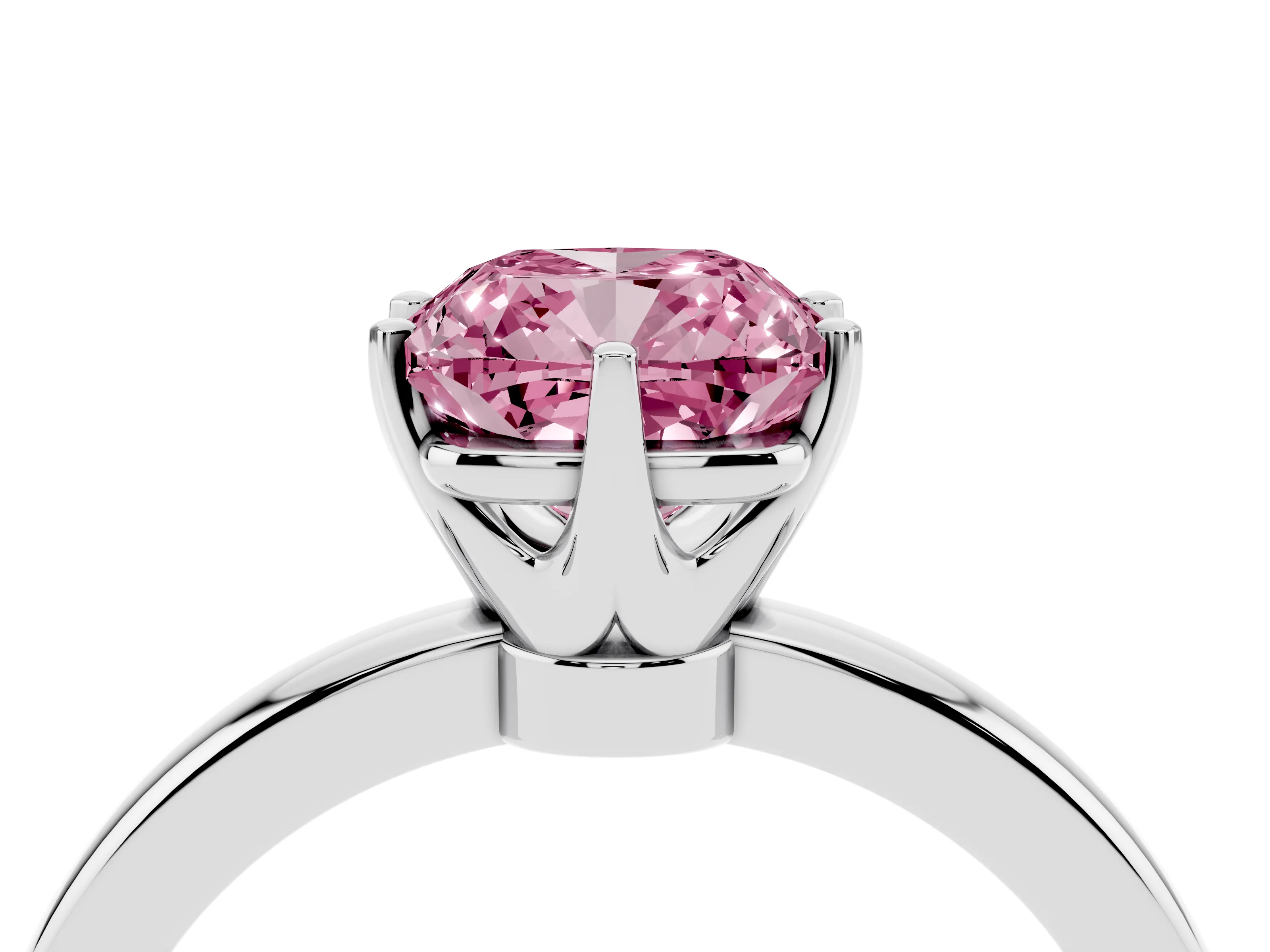 Fancy Pink Cushion Cut Diamond Solitaire Ring Set in Silver with Raised Prong Setting on a Classic Band