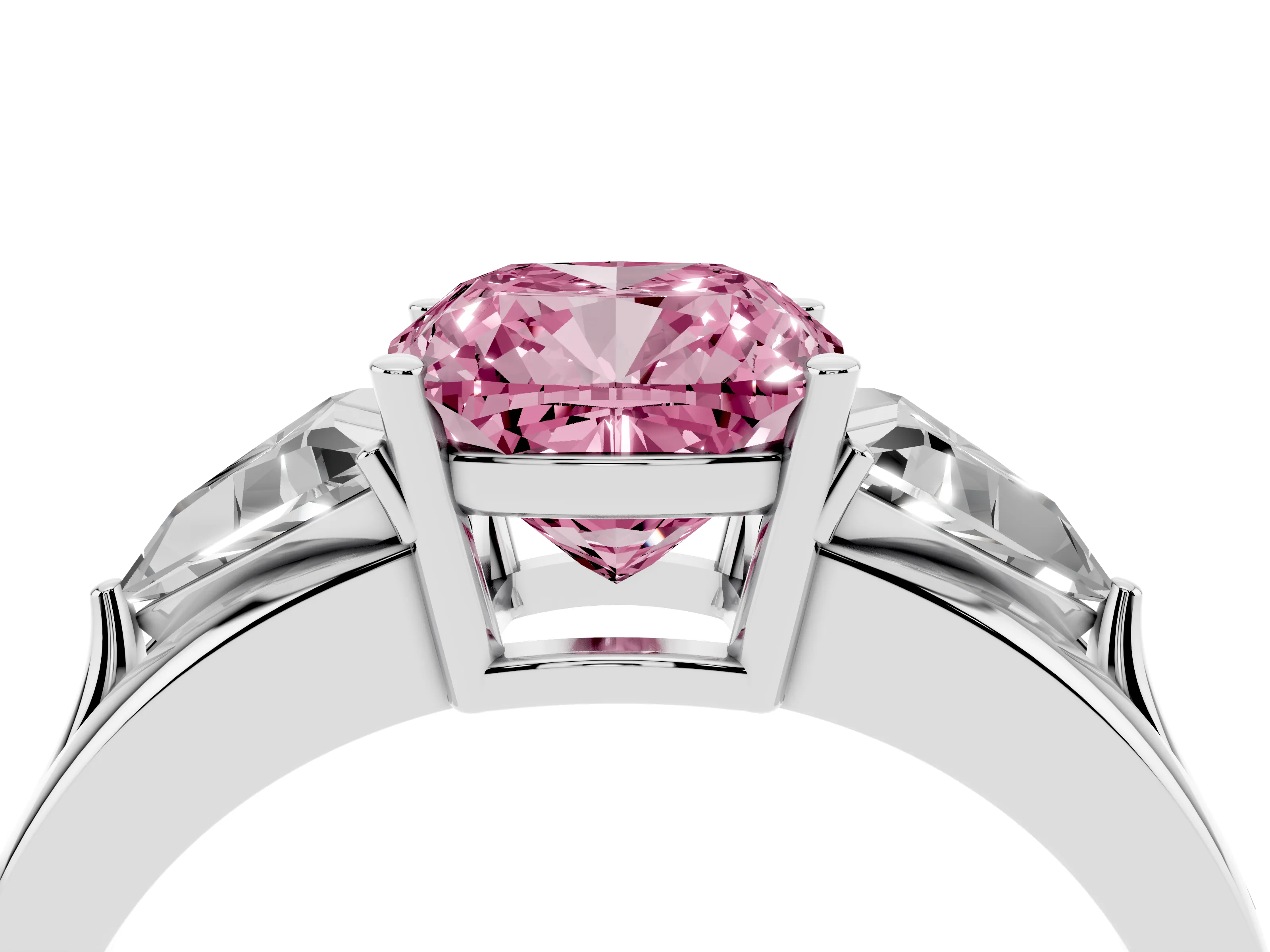 Fancy Pink Cushion Cut Diamond Three-Stone Ring Set in White gold with Trillion Side Stones and Split Shank
