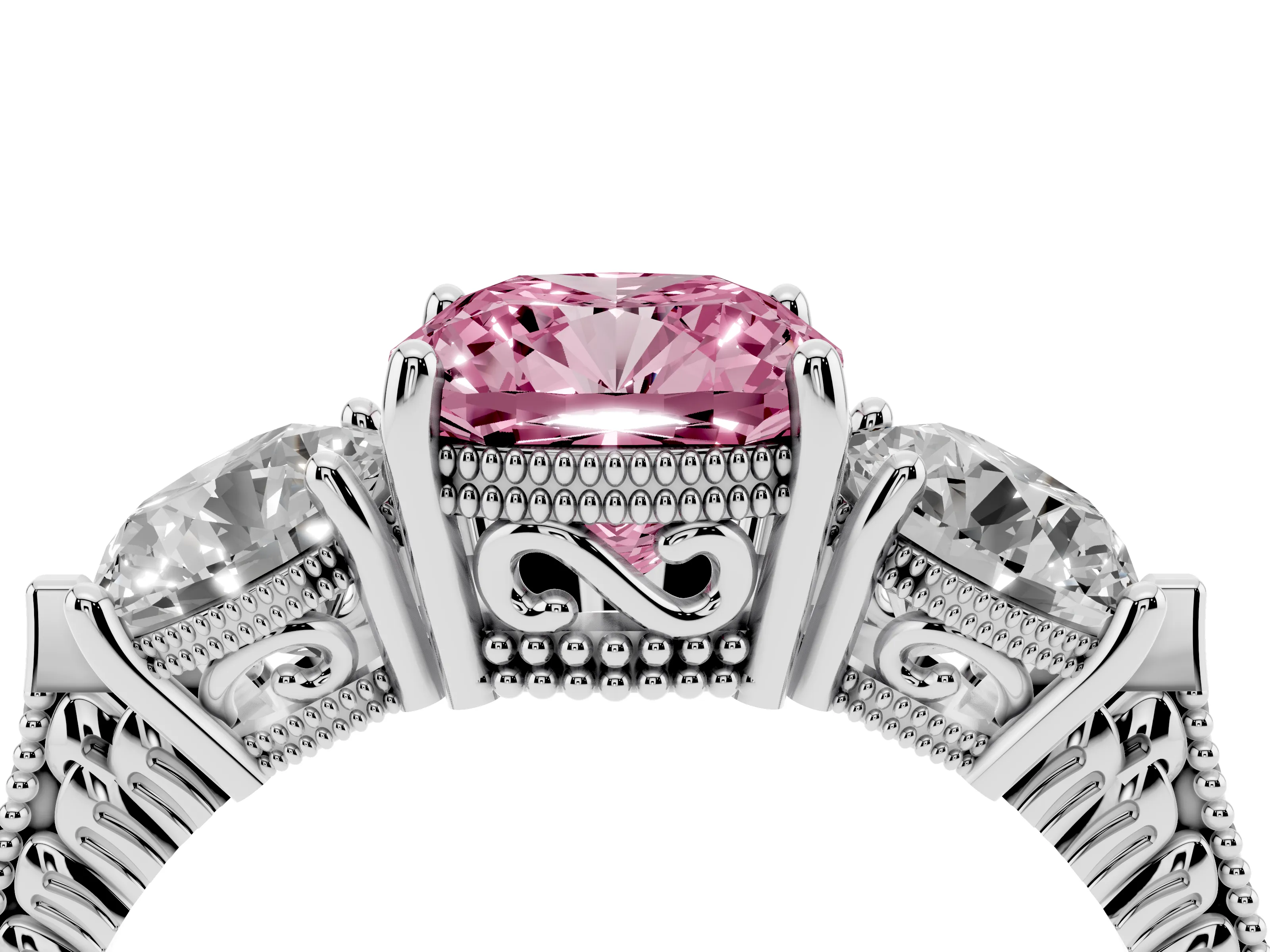 Fancy Pink Cushion Cut Diamond Three-Stone Ring Set in Silver with Milgrain Band