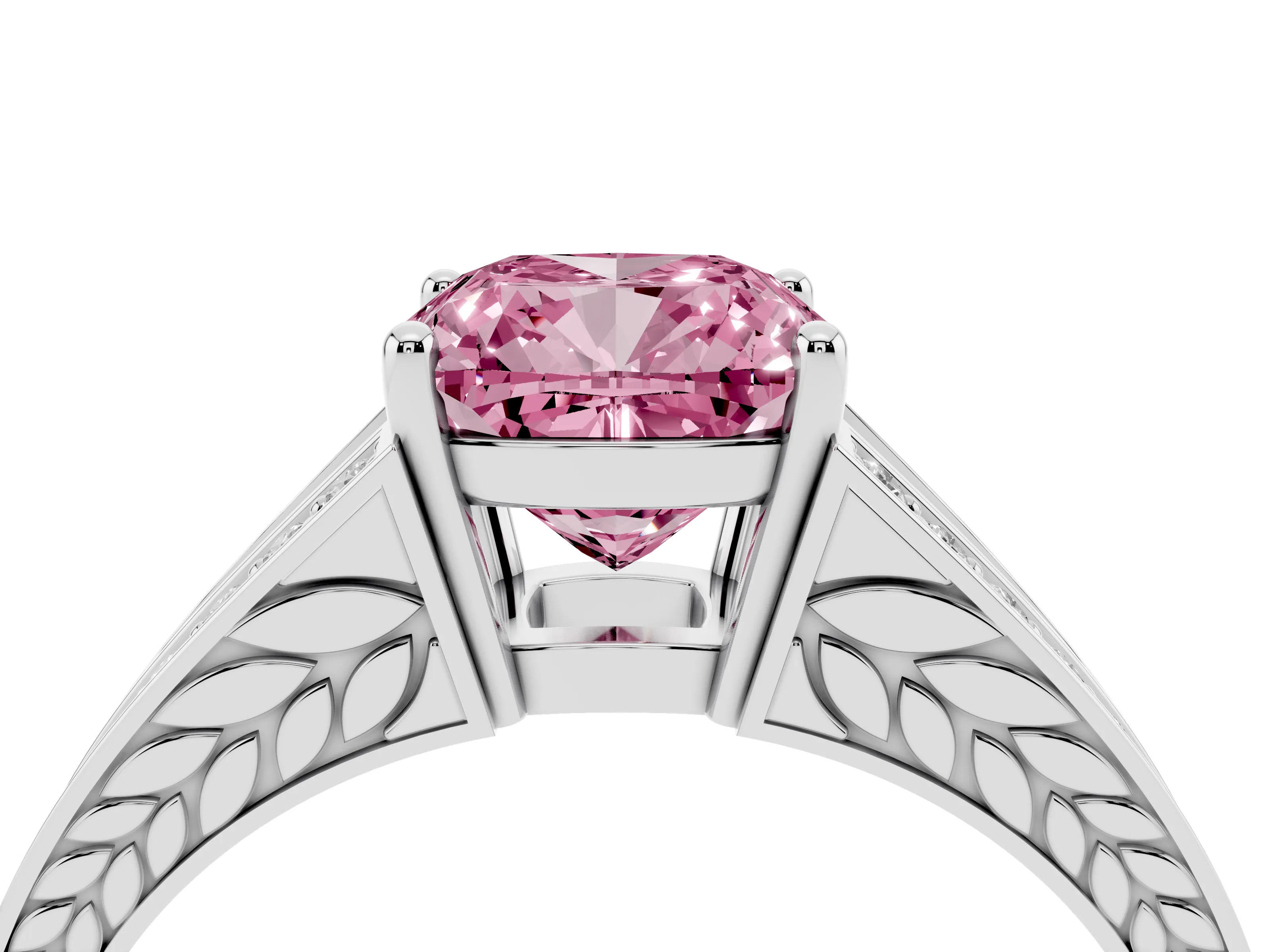 Fancy Pink Cushion Cut Diamond Split Shank Ring Set in Platinum with Pavé Band and Prong Setting