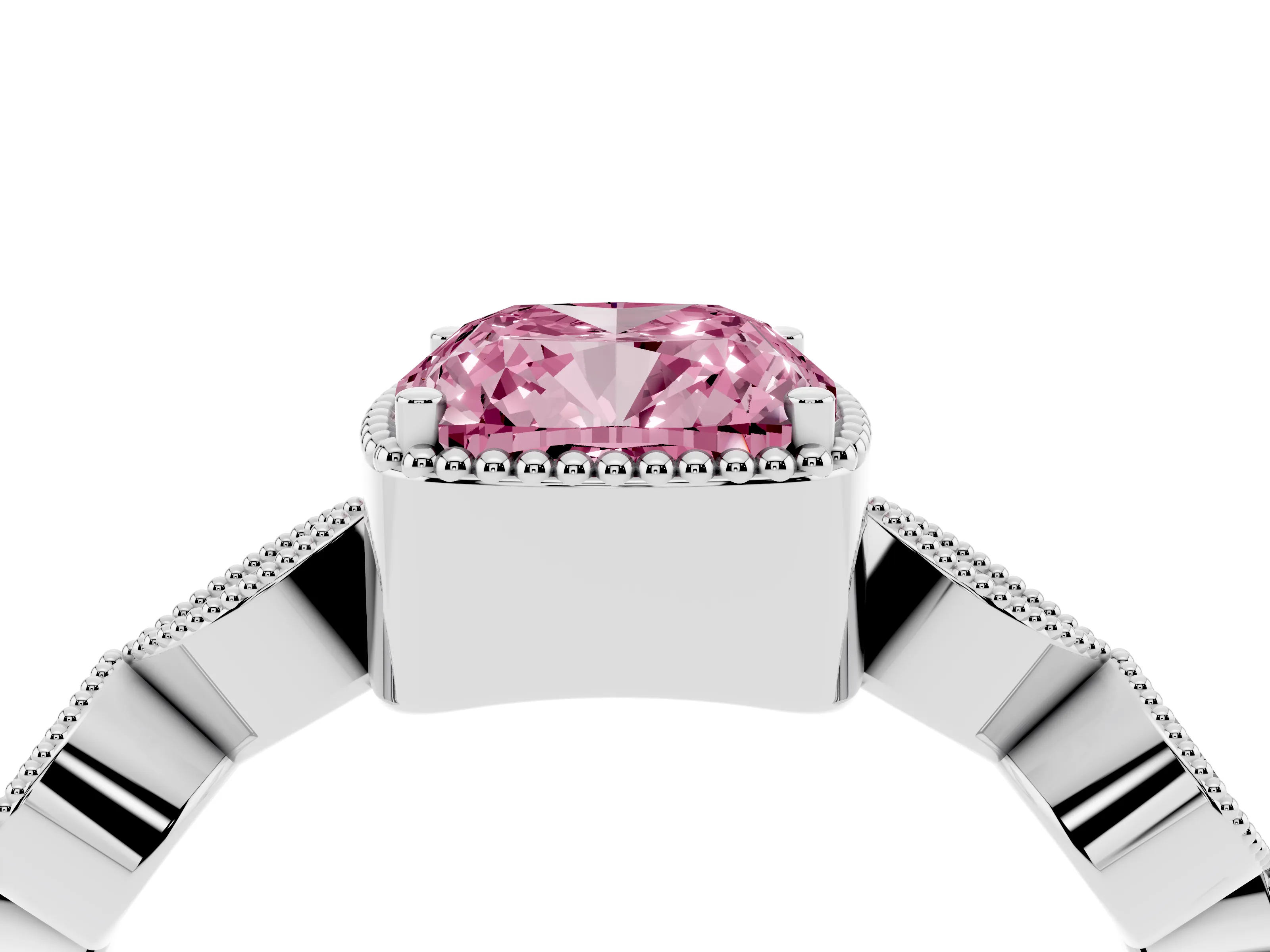Fancy Pink Cushion Cut Diamond Vintage-Inspired Milgrain Ring Set in White gold with Marquise Stations of Round Accents