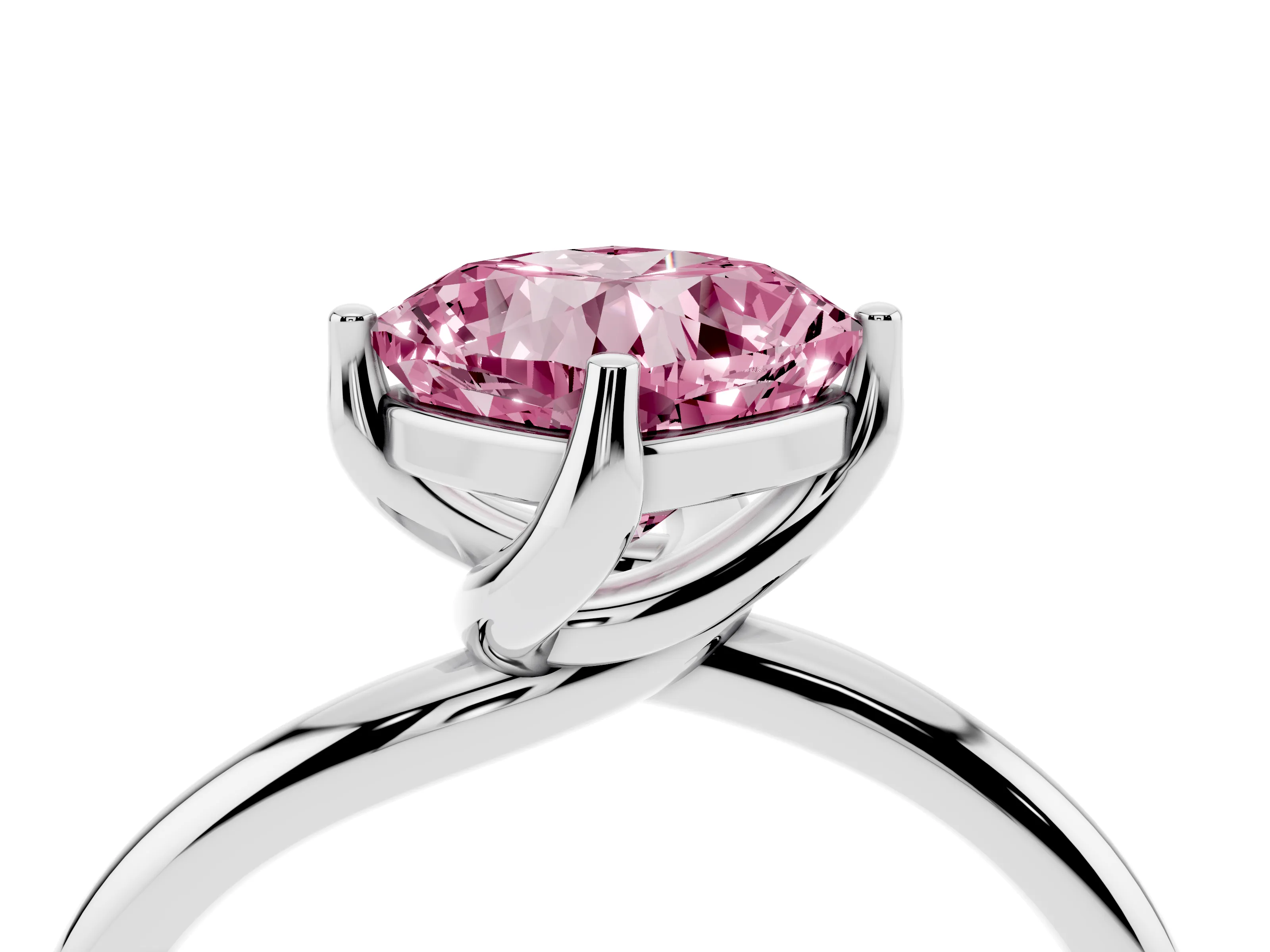 Fancy Pink Cushion Cut Diamond Solitaire Engagement Ring Set in Platinum with Classic Plain Band