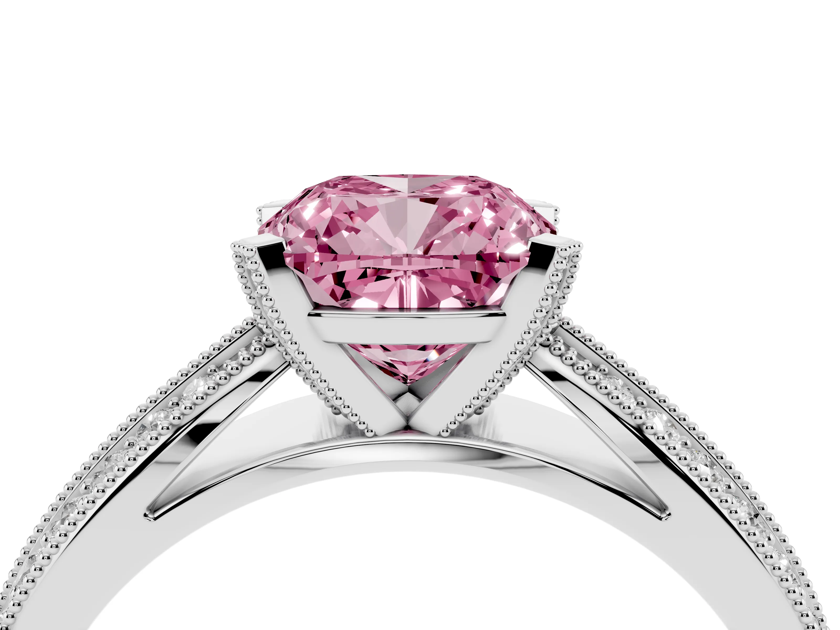 Fancy Pink Cushion Cut Diamond Solitaire Ring Set in Platinum with Milgrain Double Row Round Pavé Band