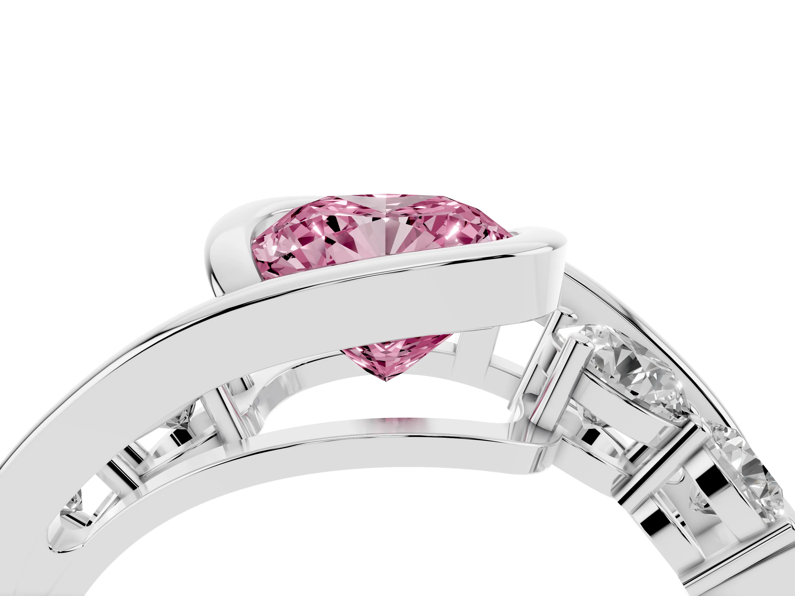 Fancy Pink Cushion Cut Diamond Bezel Bypass Ring Set in Silver with Round Accents