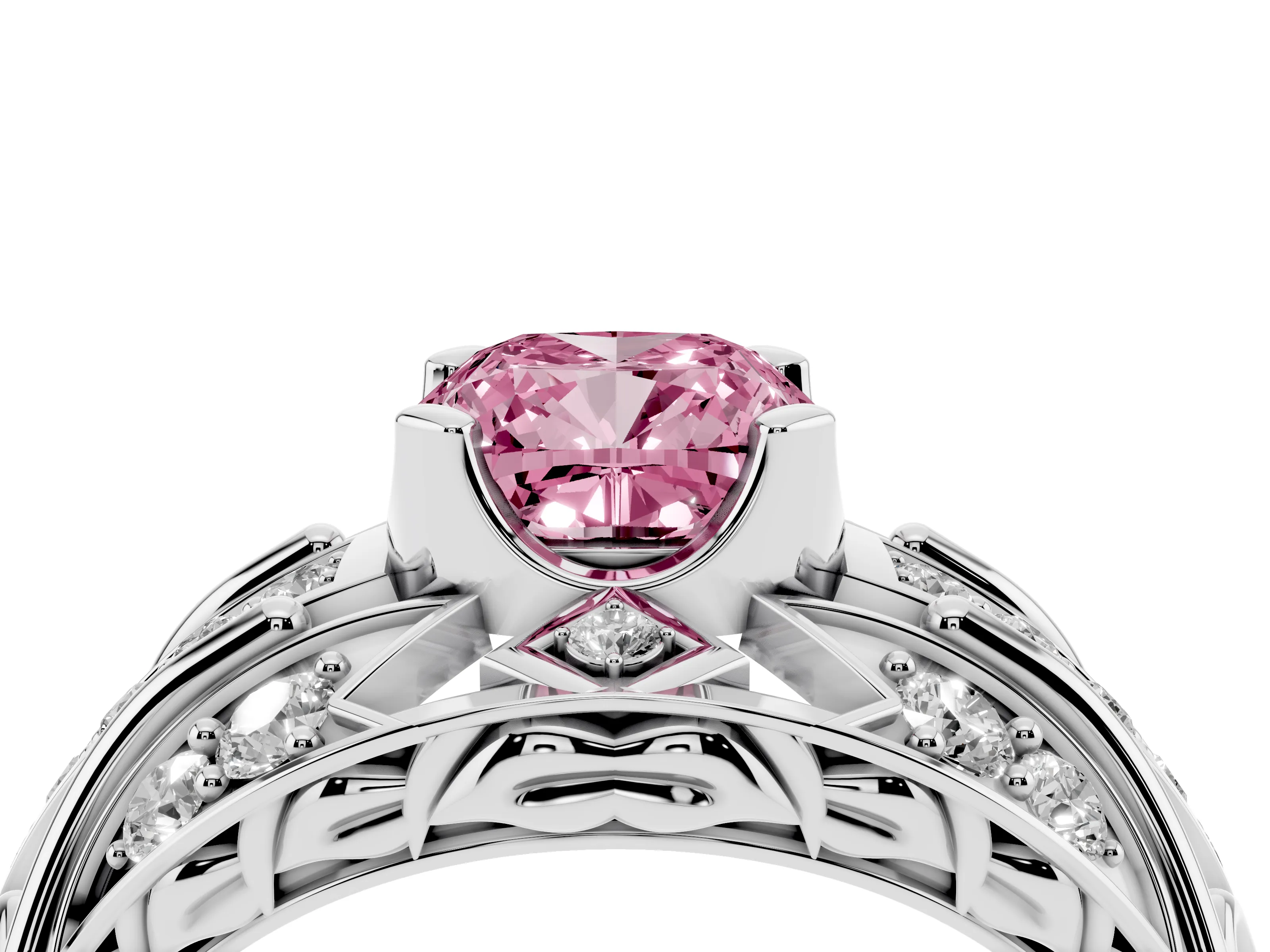 Fancy Pink Cushion Cut Diamond Art Deco Ring Set in Silver with Pavé Split Shank