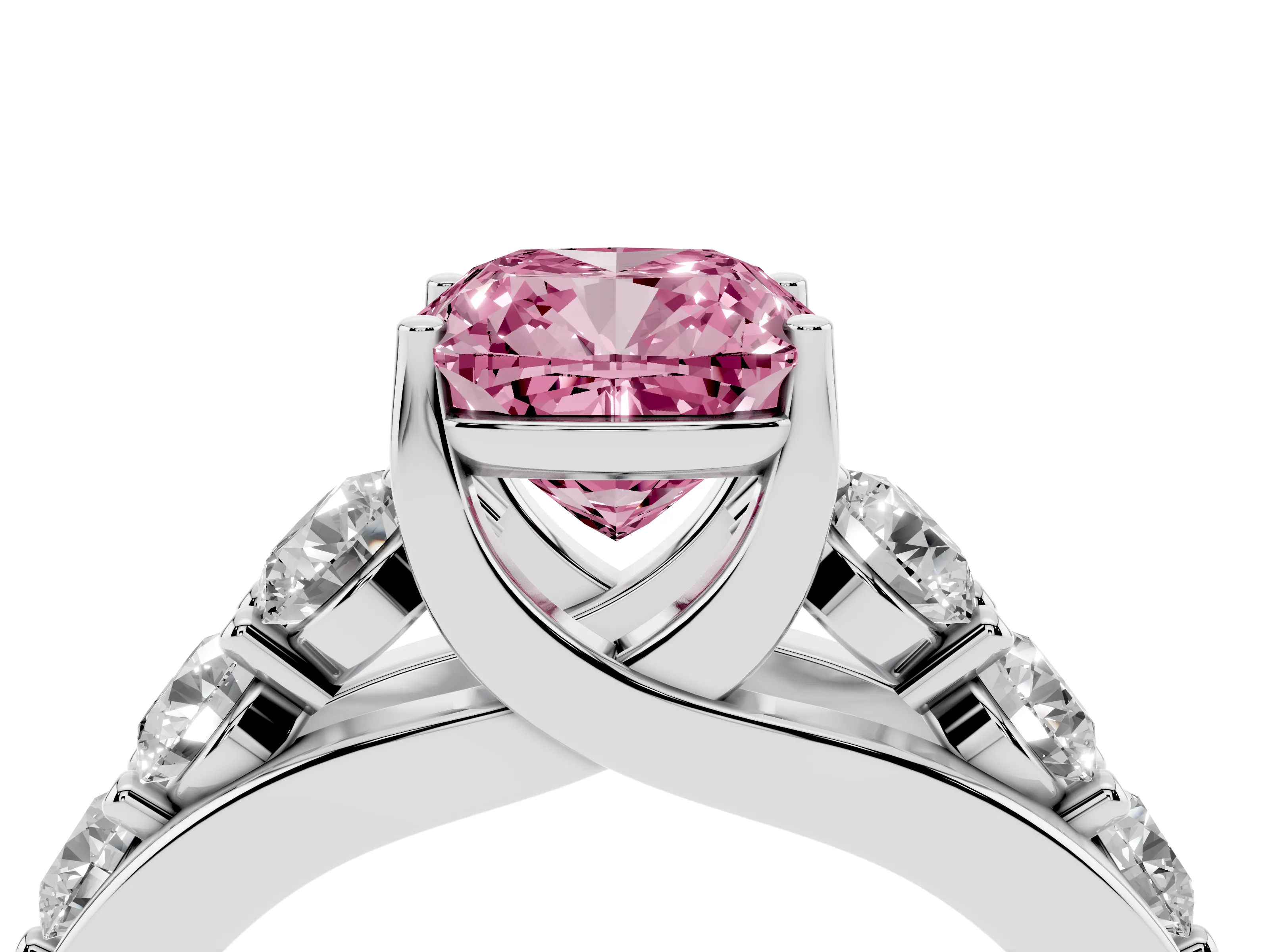 Fancy Pink Cushion Cut Diamond Pavé Engagement Ring Set in Silver with Prong Setting
